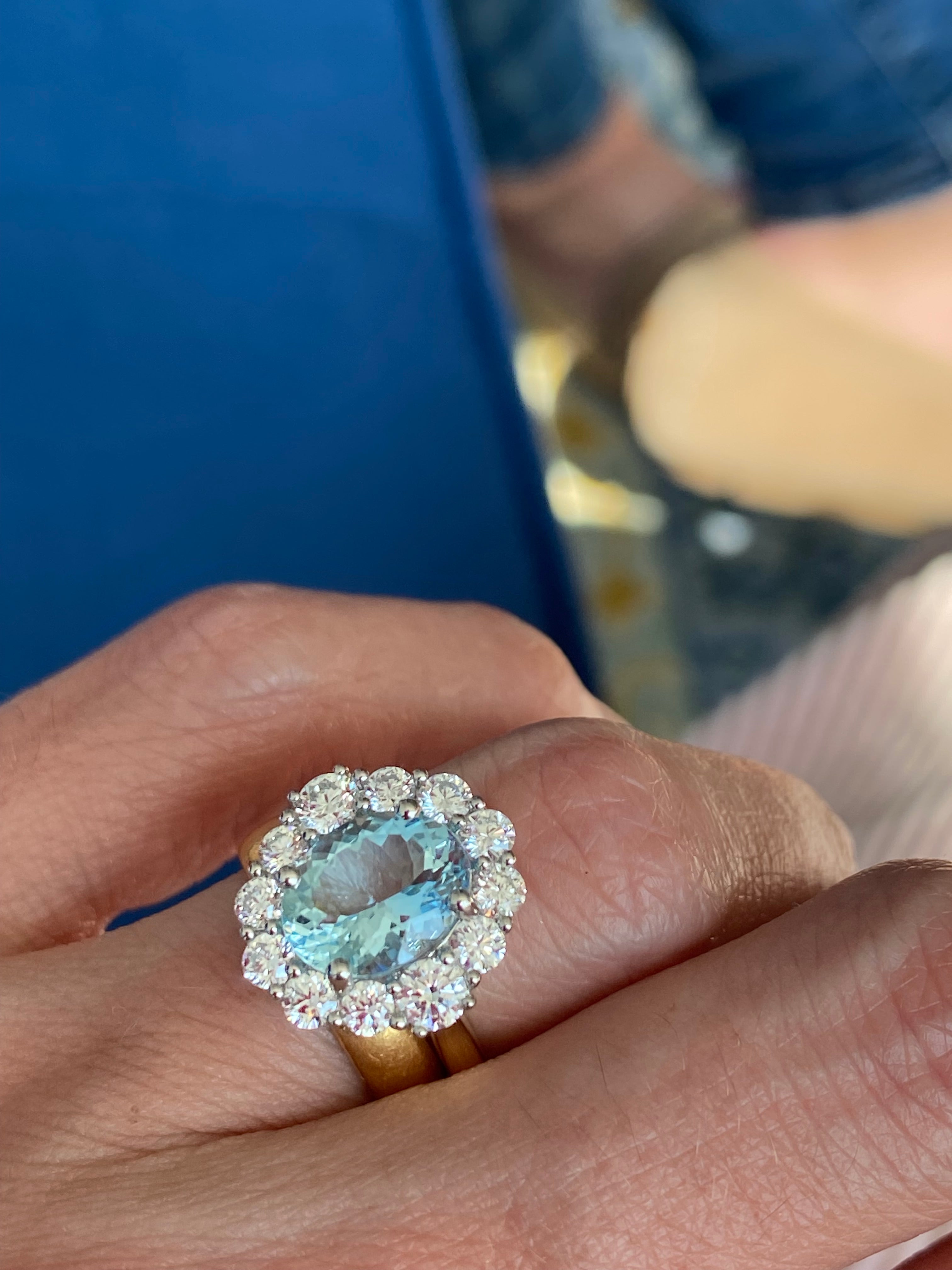 3.53 CTW Aquamarine and Natural Diamond Halo Ring in Platinum and 18ct Yellow Gold