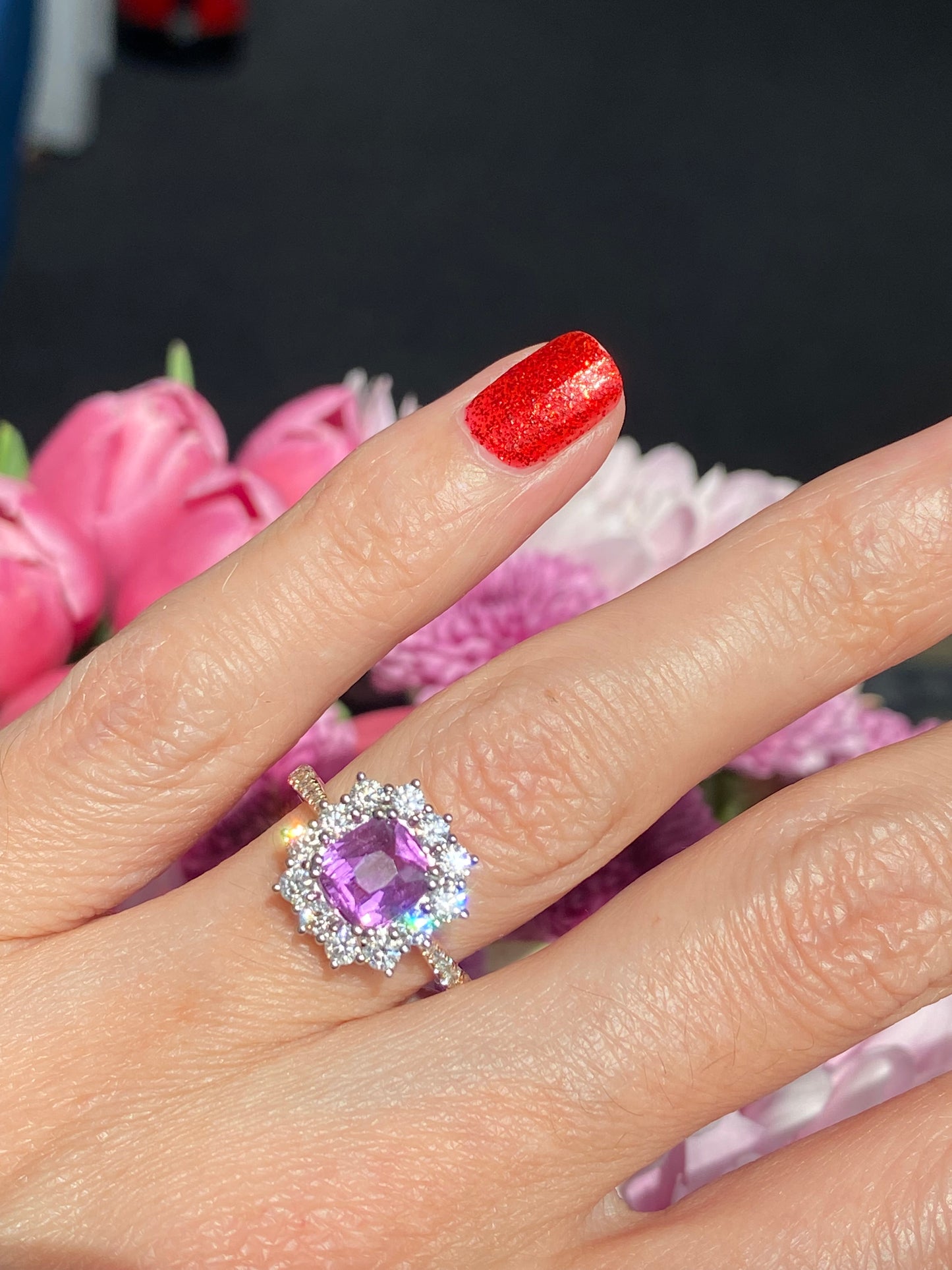 1.65 Carat Purple Sapphire and 0.85ctw Natural Diamond Halo Ring in Platinum and 18ct Gold