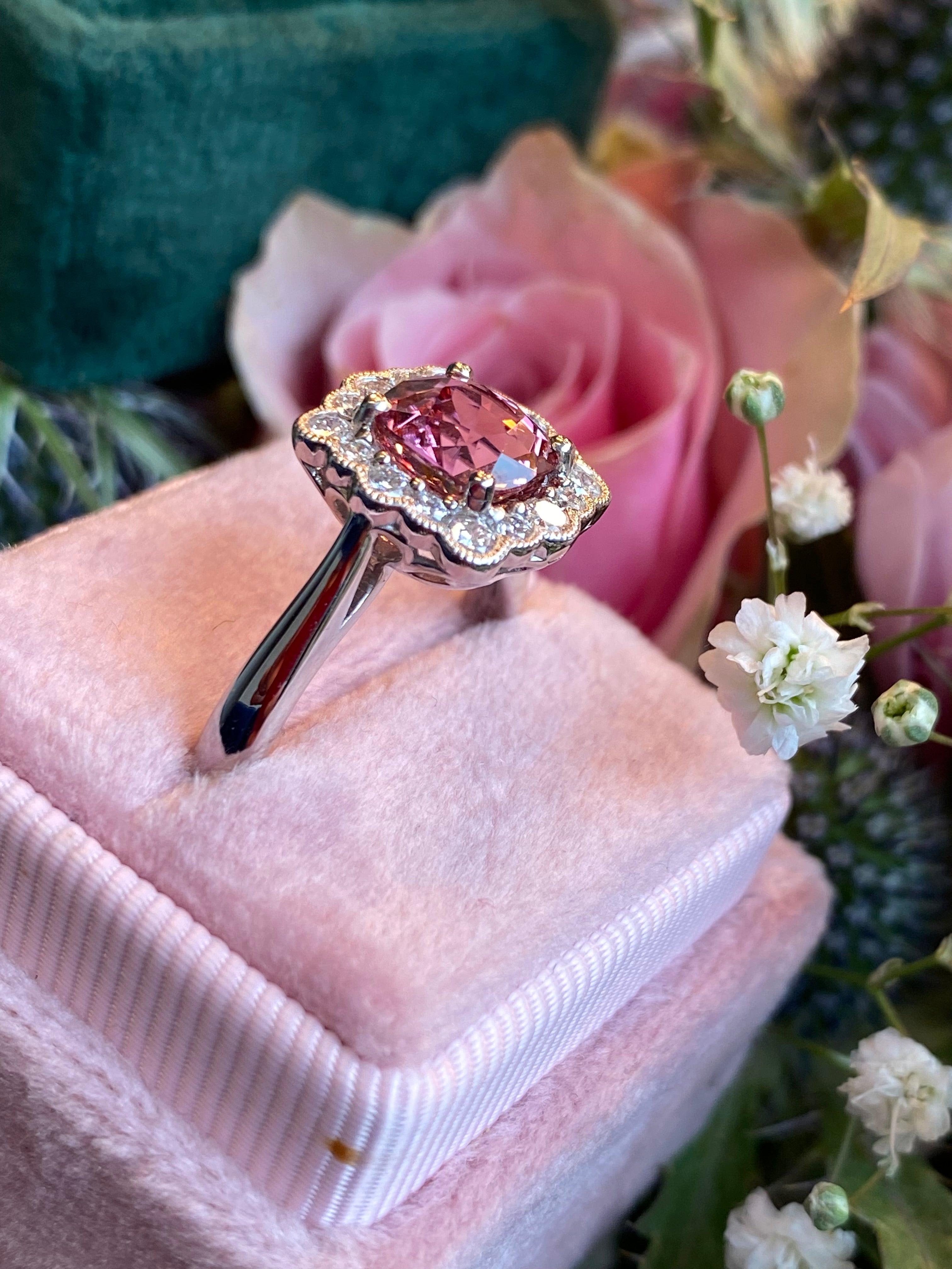 1.58 Carat Cushion Cut Pink Tourmaline and Natural Diamond Ring in Platinum