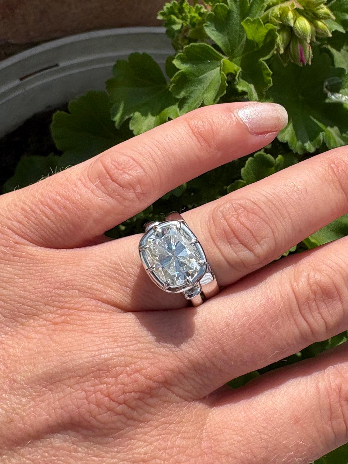 4.00 Carat Georgian Style Button Back Cushion Cut Moissanite East West Solitaire Ring in Sterling Silver