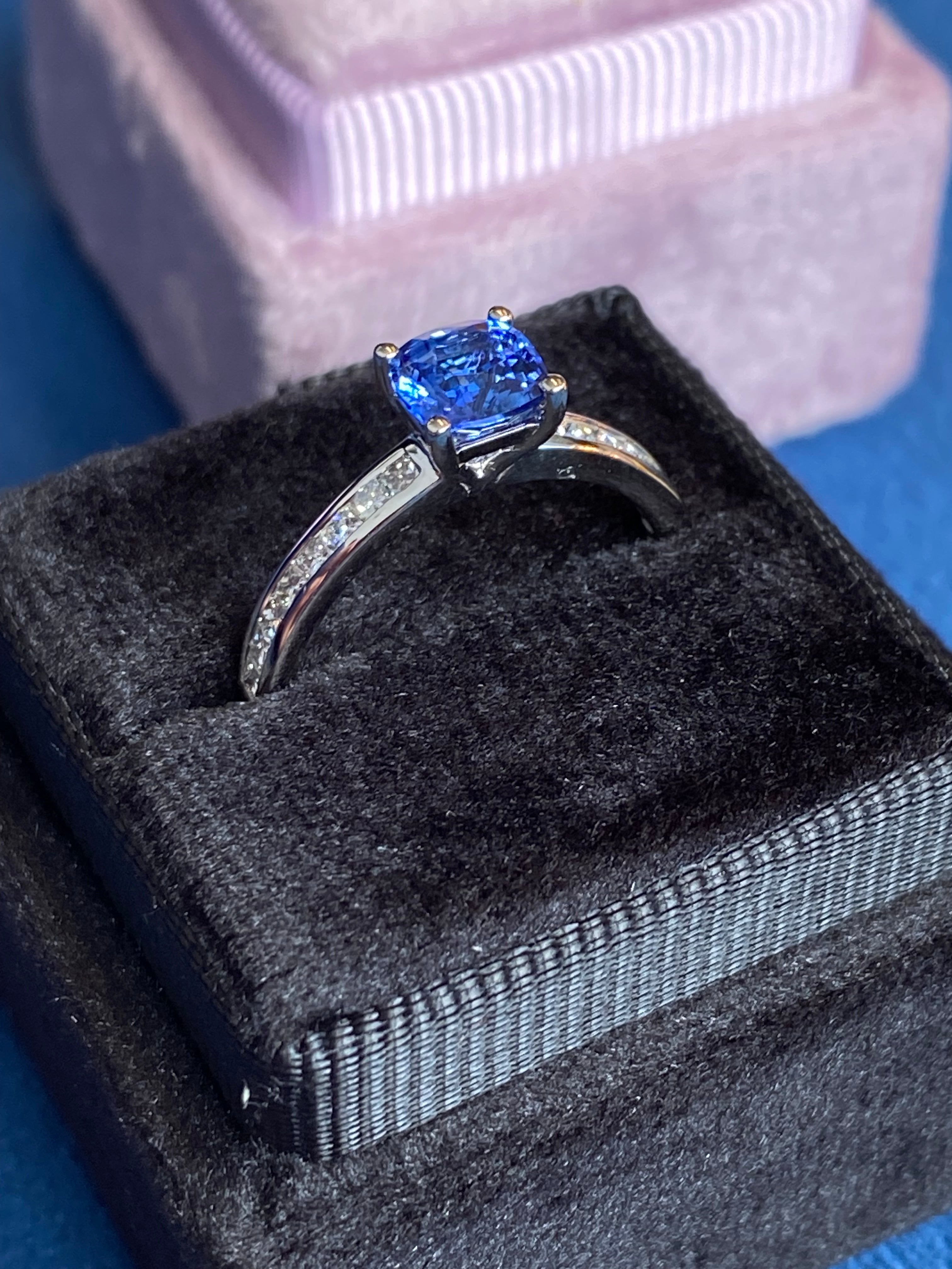 1.02 Carat Cushion Cut Blue Ceylon Sapphire Solitaire Style Engagement Ring in Platinum
