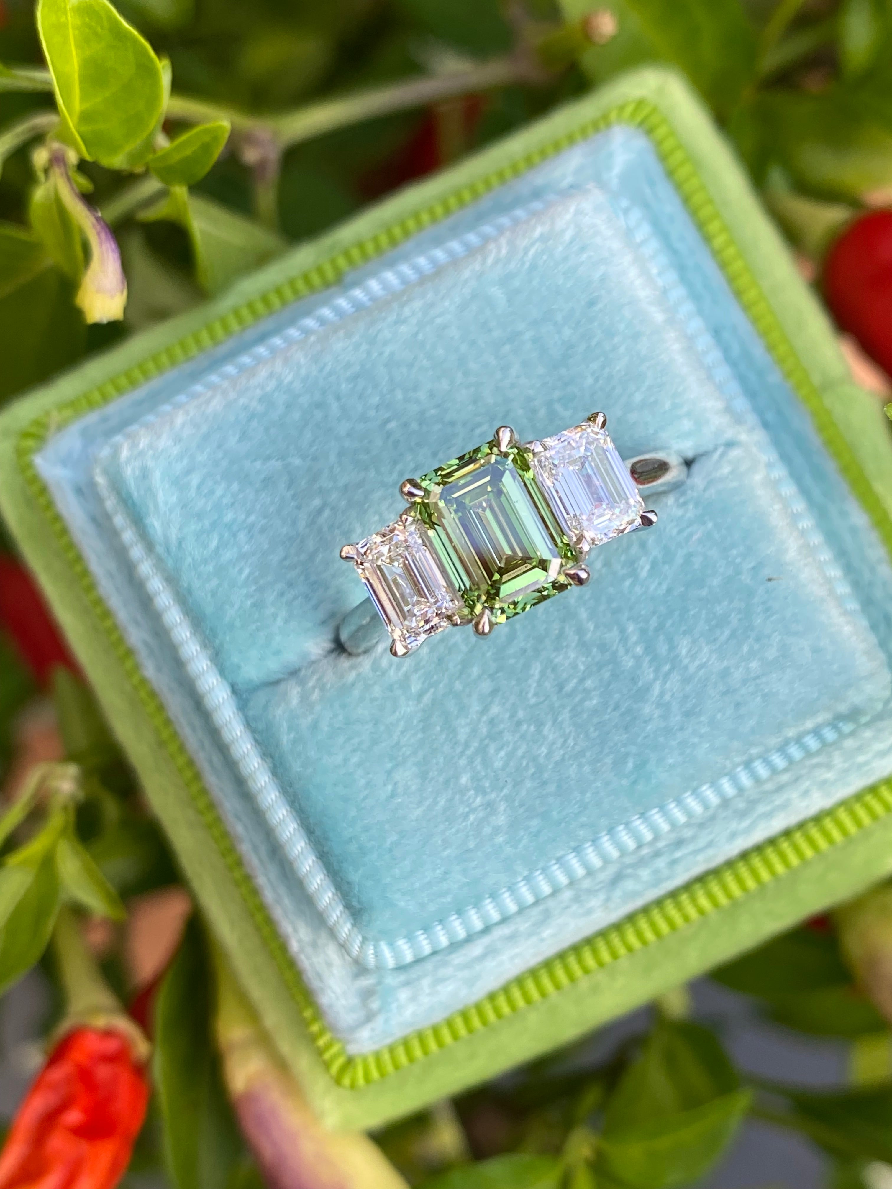 2.61 CTW Fancy Green Lab Grown Diamond Graduated Three Stone Ring in Platinum
