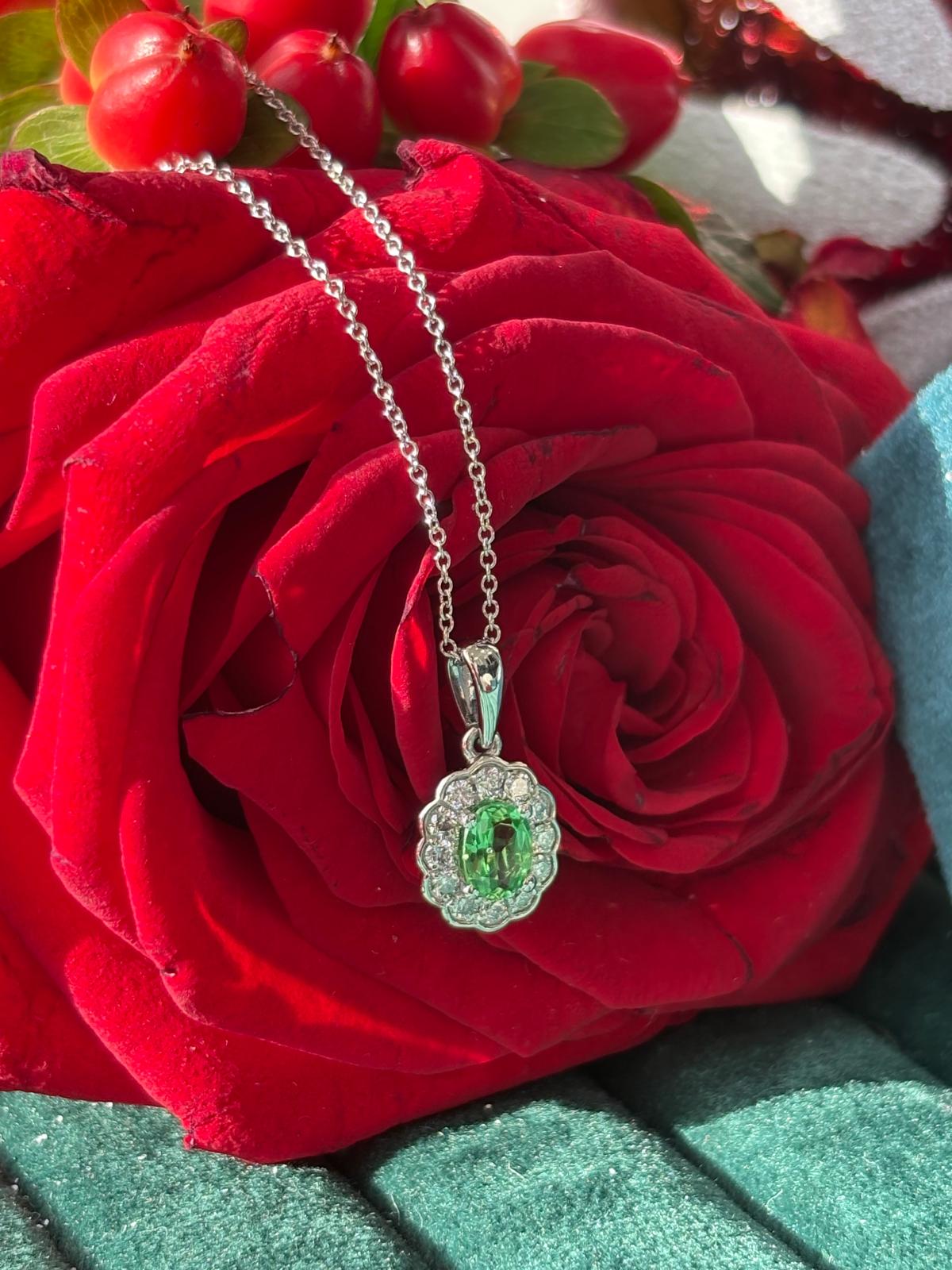 0.64 CTW Tsavorite Garnet and Natural Diamond Pendant Necklace in 18ct White Gold