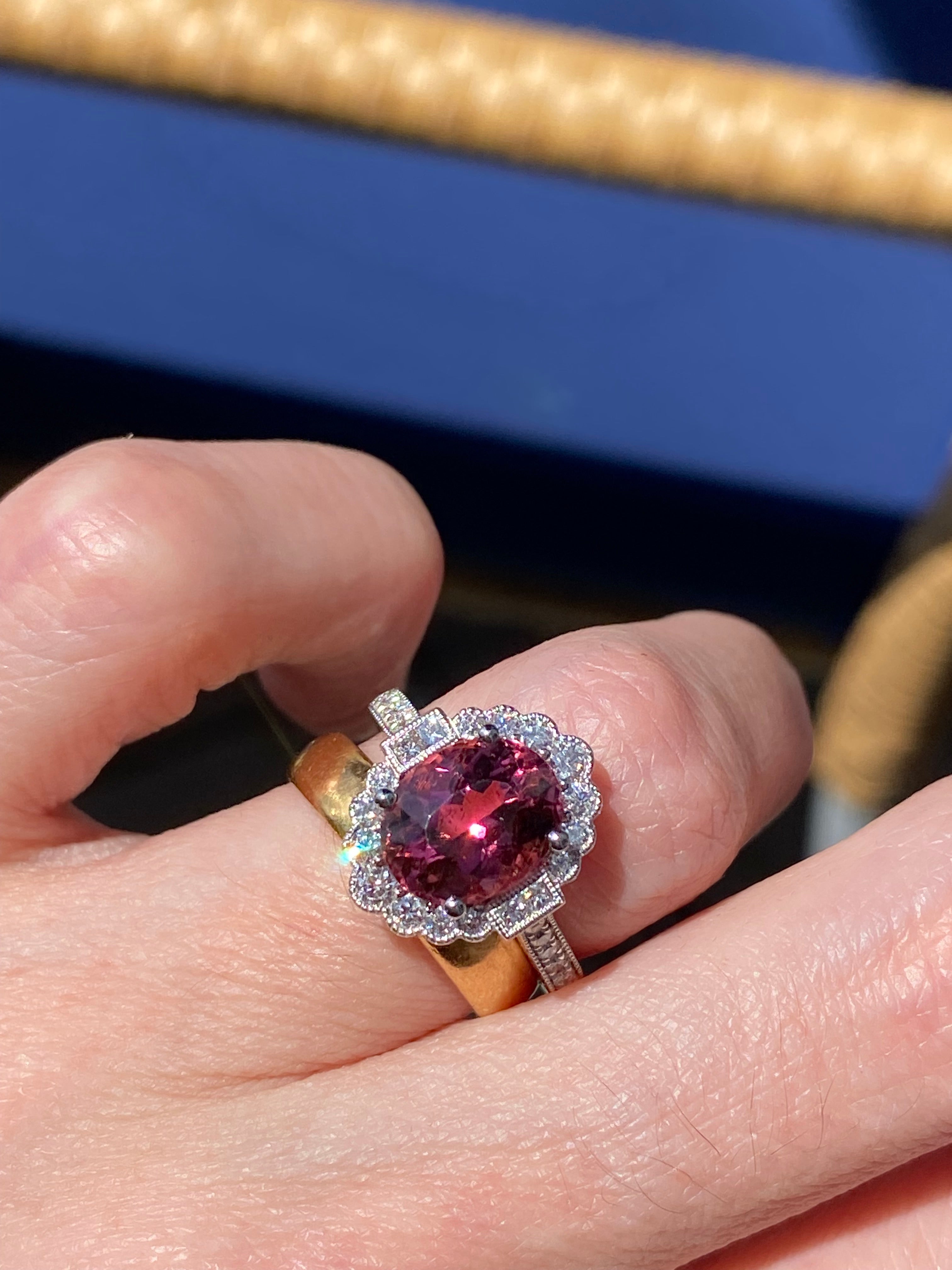 3.13 Carat Oval Cut Pink Tourmaline and Natural Diamond Ring in Platinum
