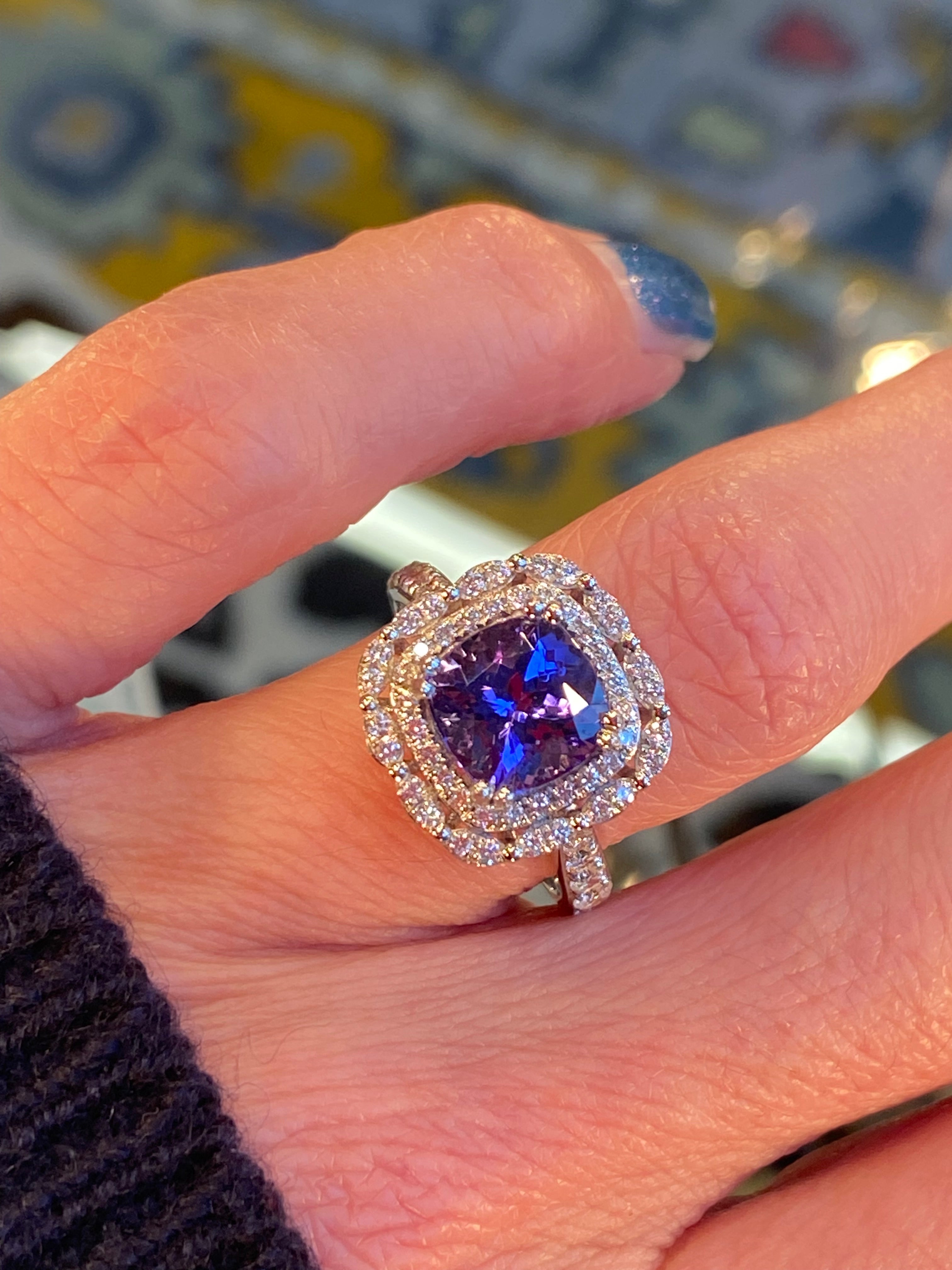 2.36 Carat Cushion Cut Tanzanite and 0.71 ctw Natural Diamond Ring in Platinum