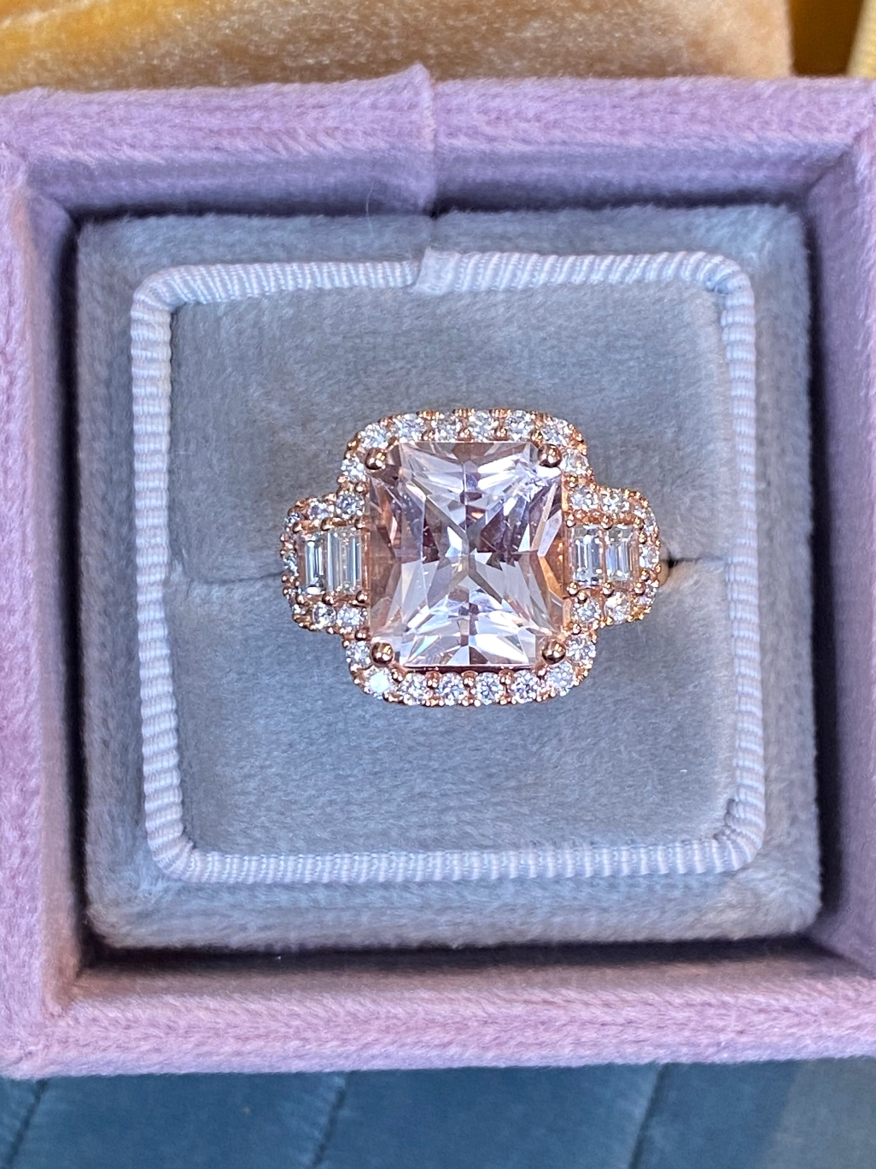4.66 CTW Radiant Cut Morganite and Natural Diamond Ring in 18ct Rose Gold