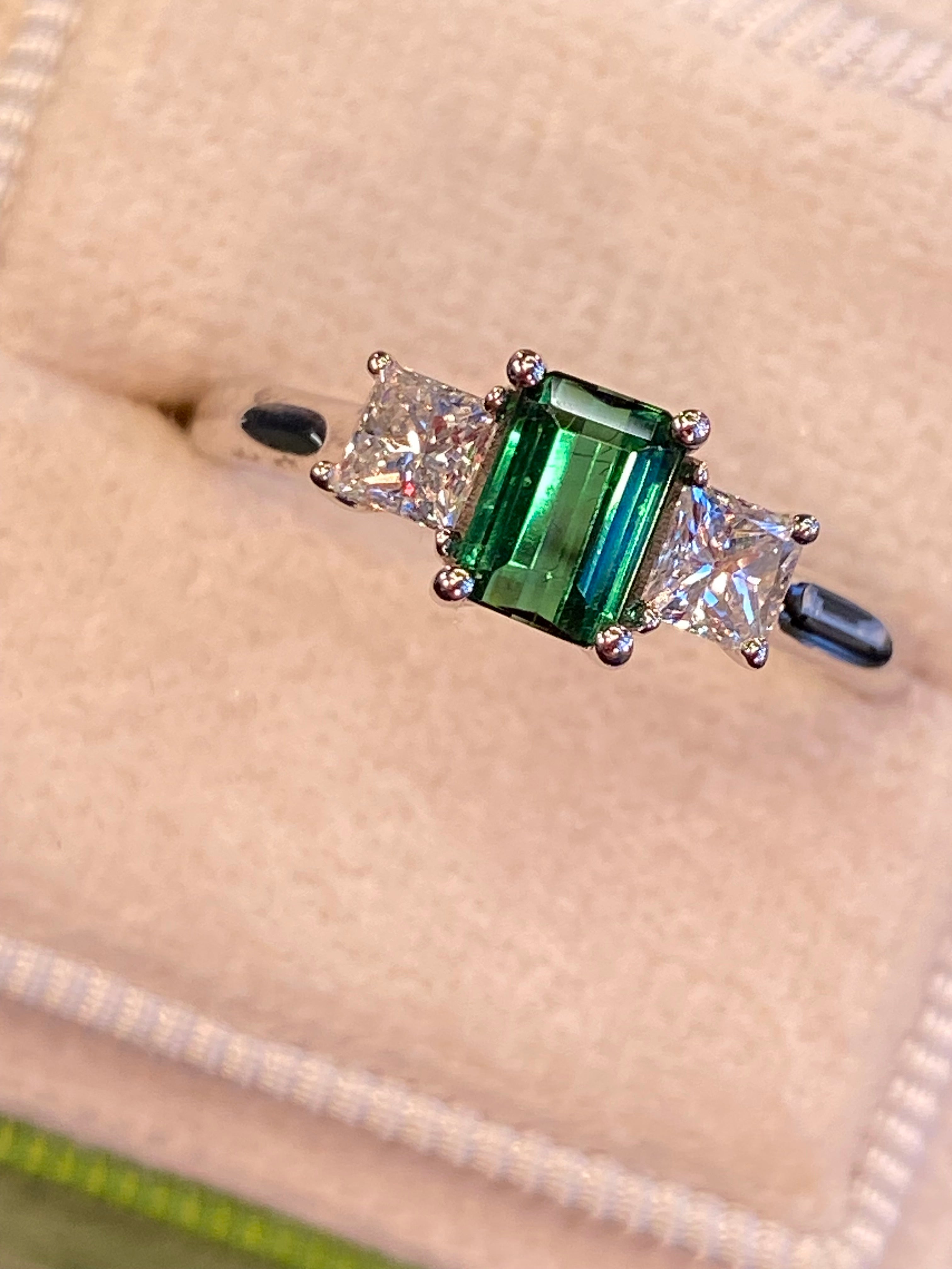 Beautiful Green Tourmaline and Natural Diamond Three Stone Ring in Platinum