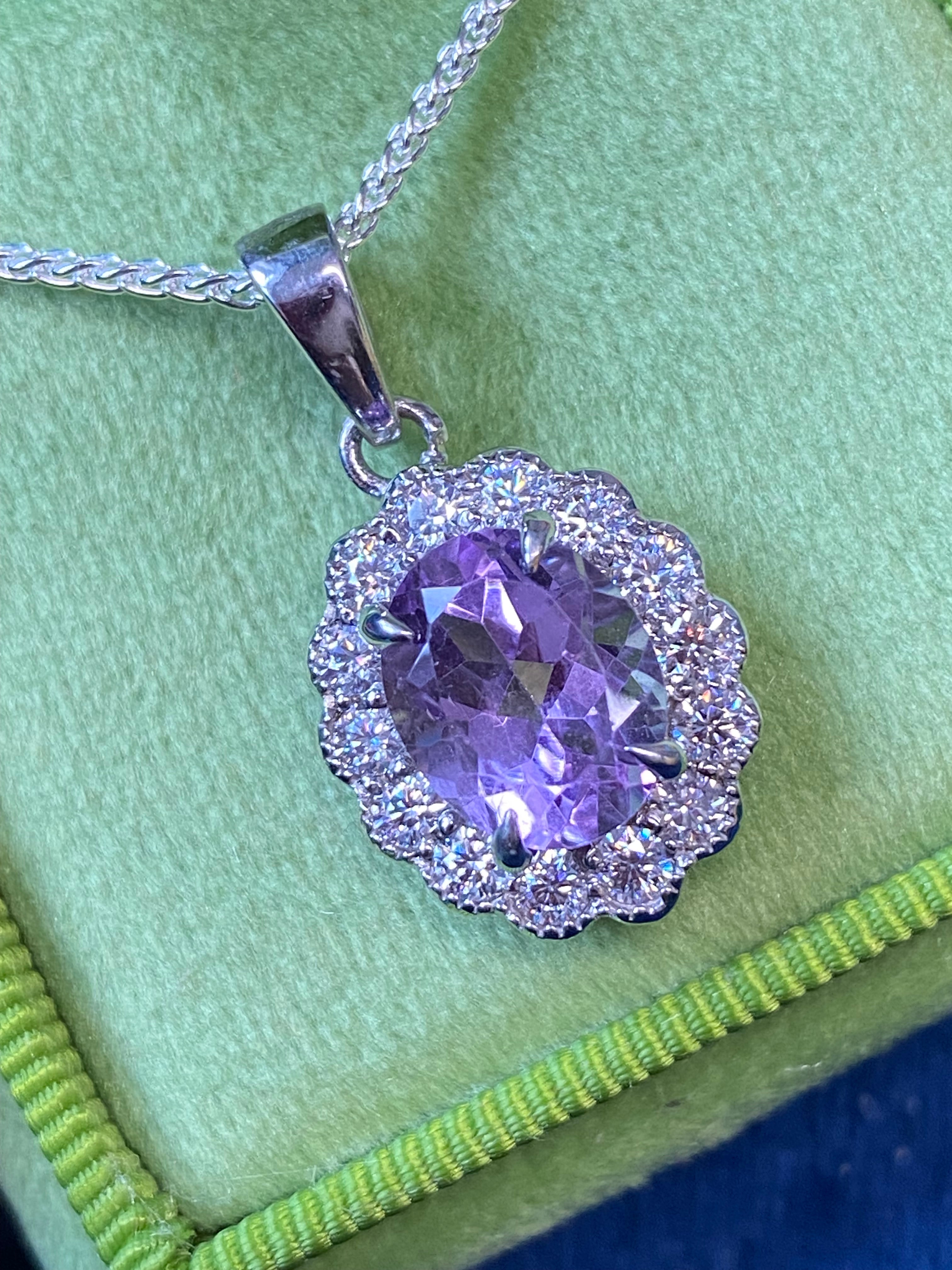5.00 CTW Rose De France Amethyst and Moissanite Halo Pendant Necklace in Sterling Silver