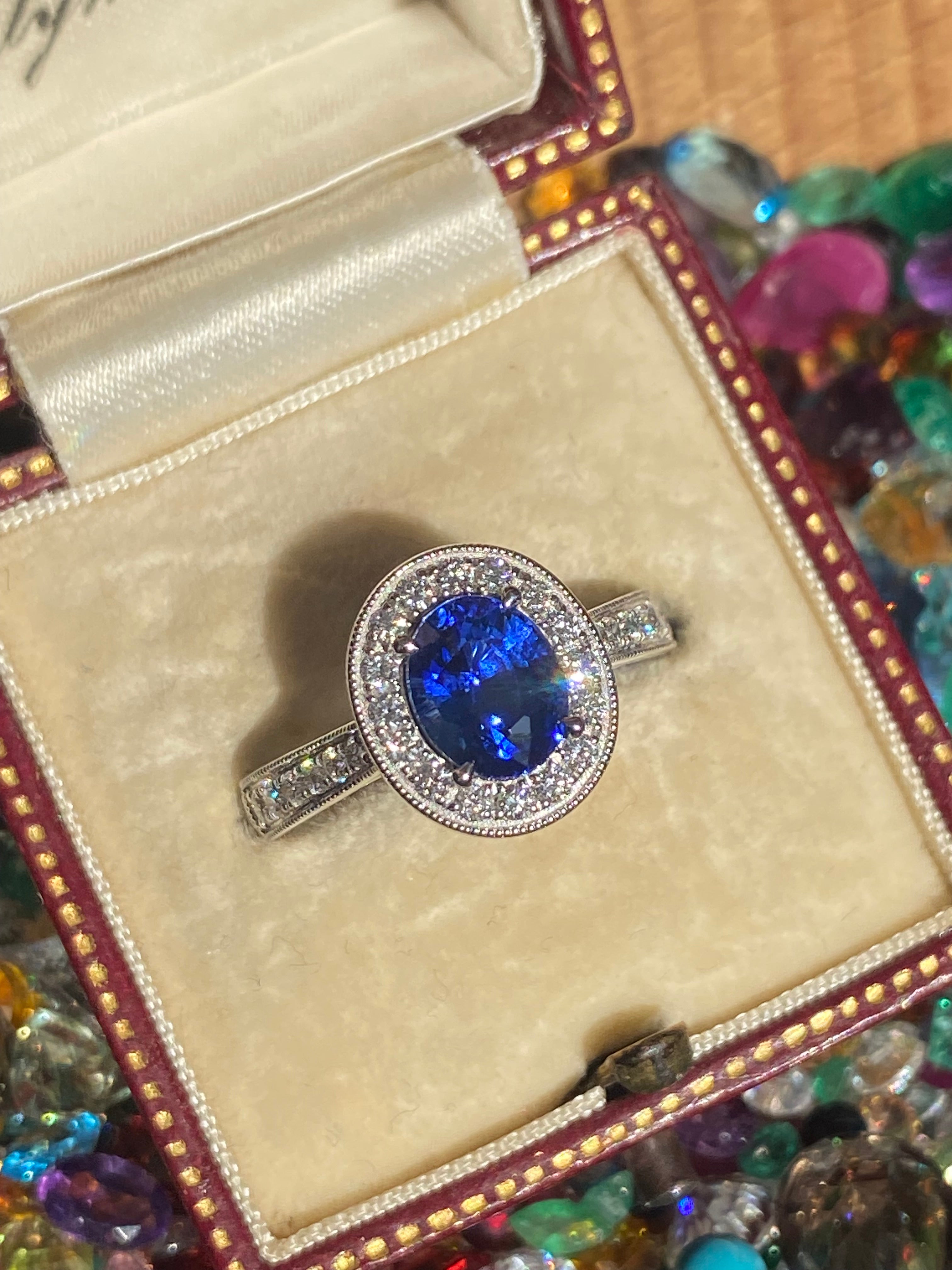 2.14 CTW Blue Ceylon Sapphire and Natural Diamond Halo Ring in Platinum