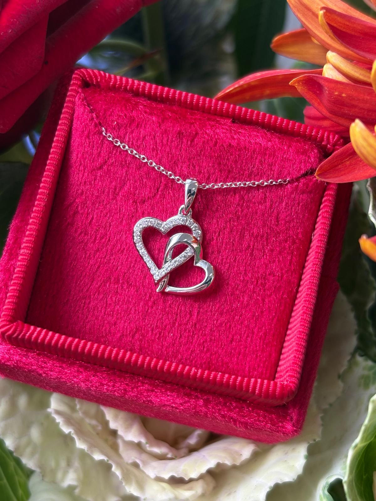 Beautiful Natural Diamond Pendant Double Heart Necklace in 18ct White Gold
