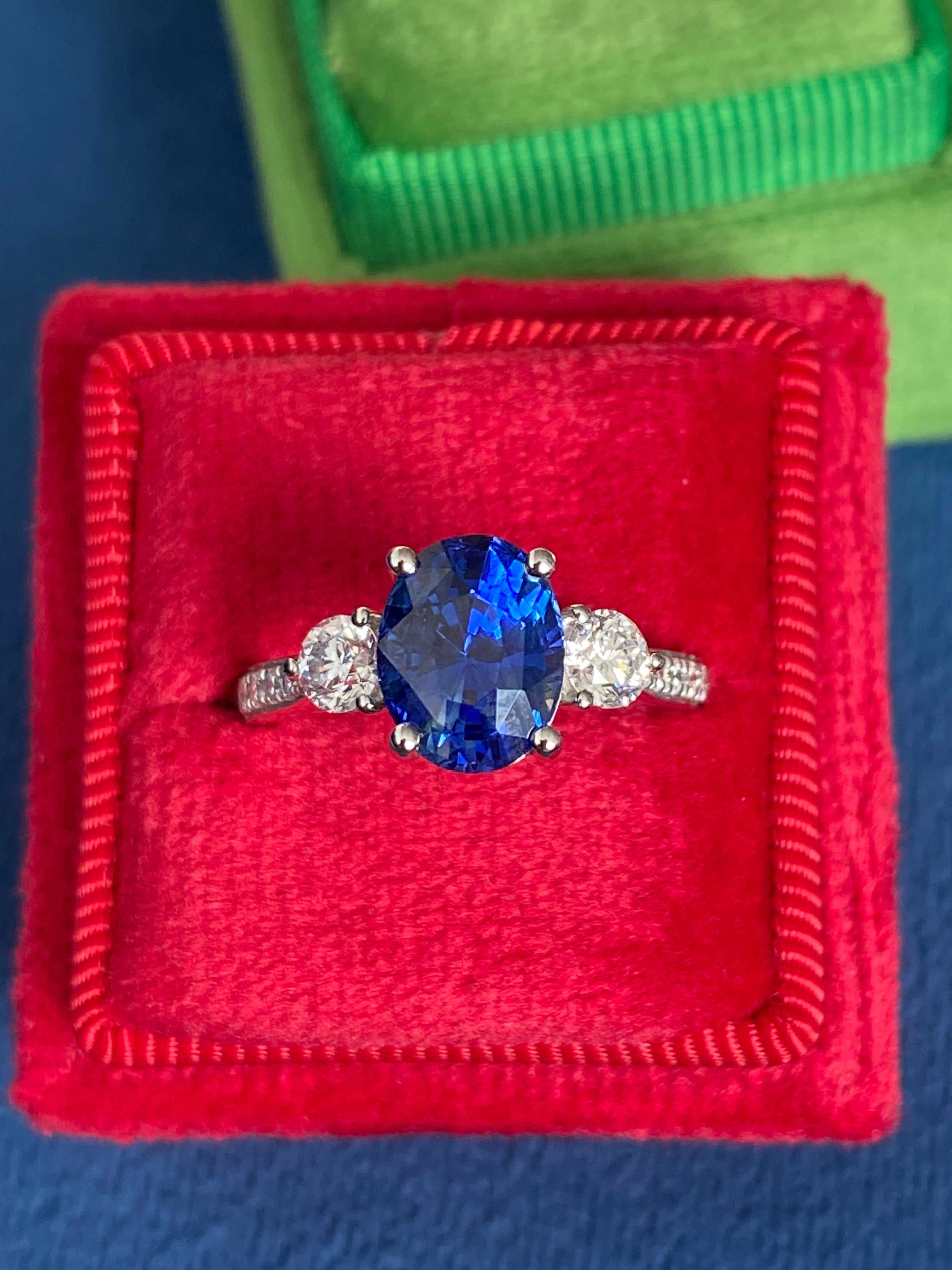 3.68 CTW Blue Ceylon Sapphire and Natural Diamond Three Stone Engagement Ring in Platinum