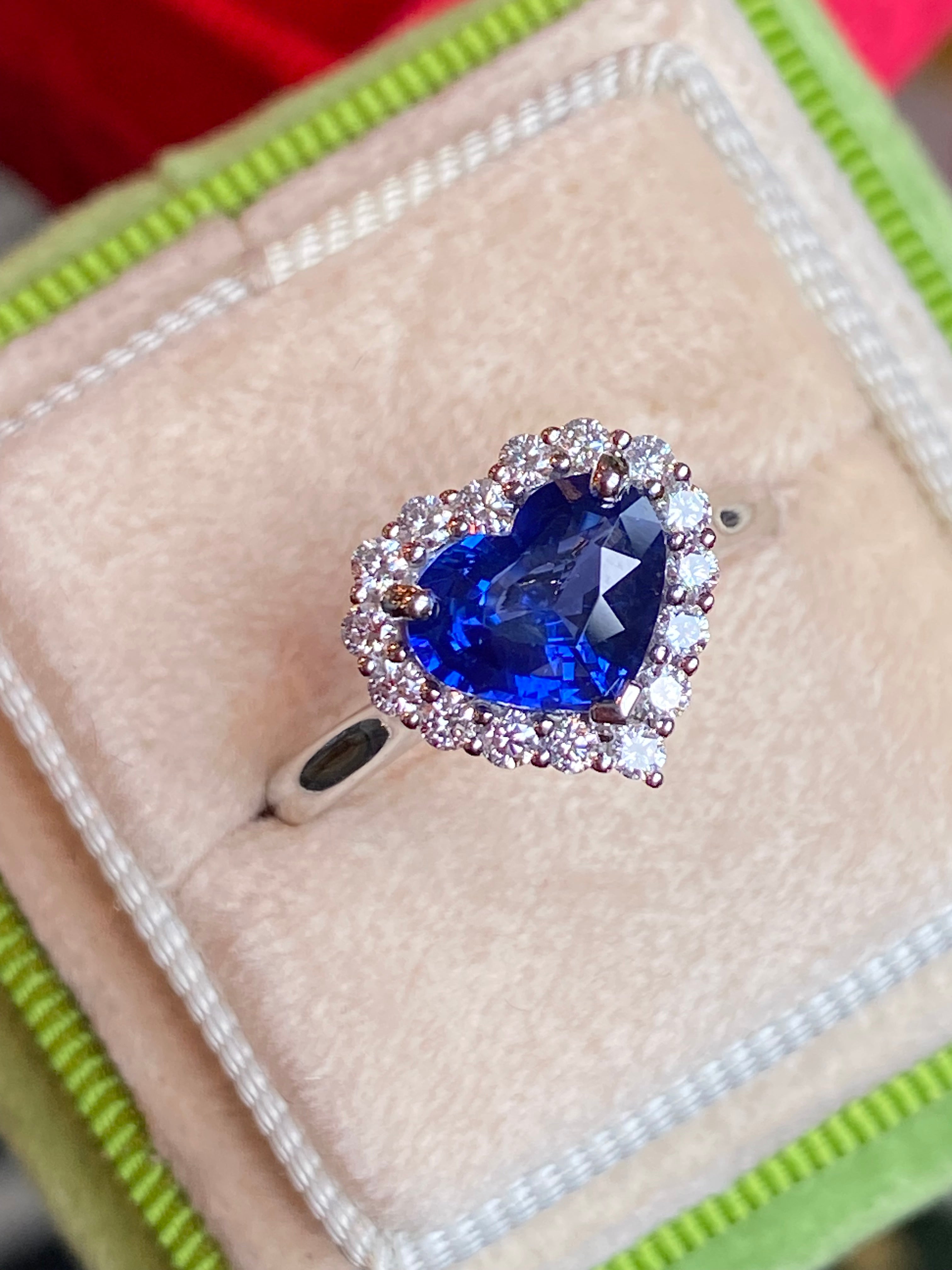 2.24 Carat Heart Shape Ceylon Sapphire and Natural Diamond Halo Ring in Platinum