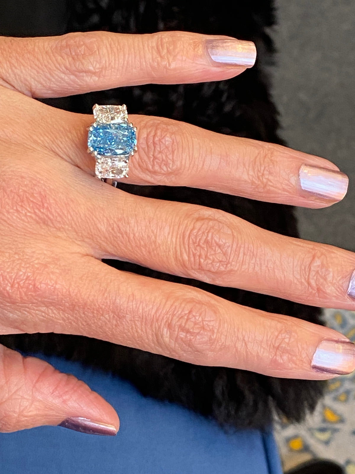 6.60 CTW Fancy Blue Cushion Cut Lab Diamond Graduated Three Stone Ring in Platinum