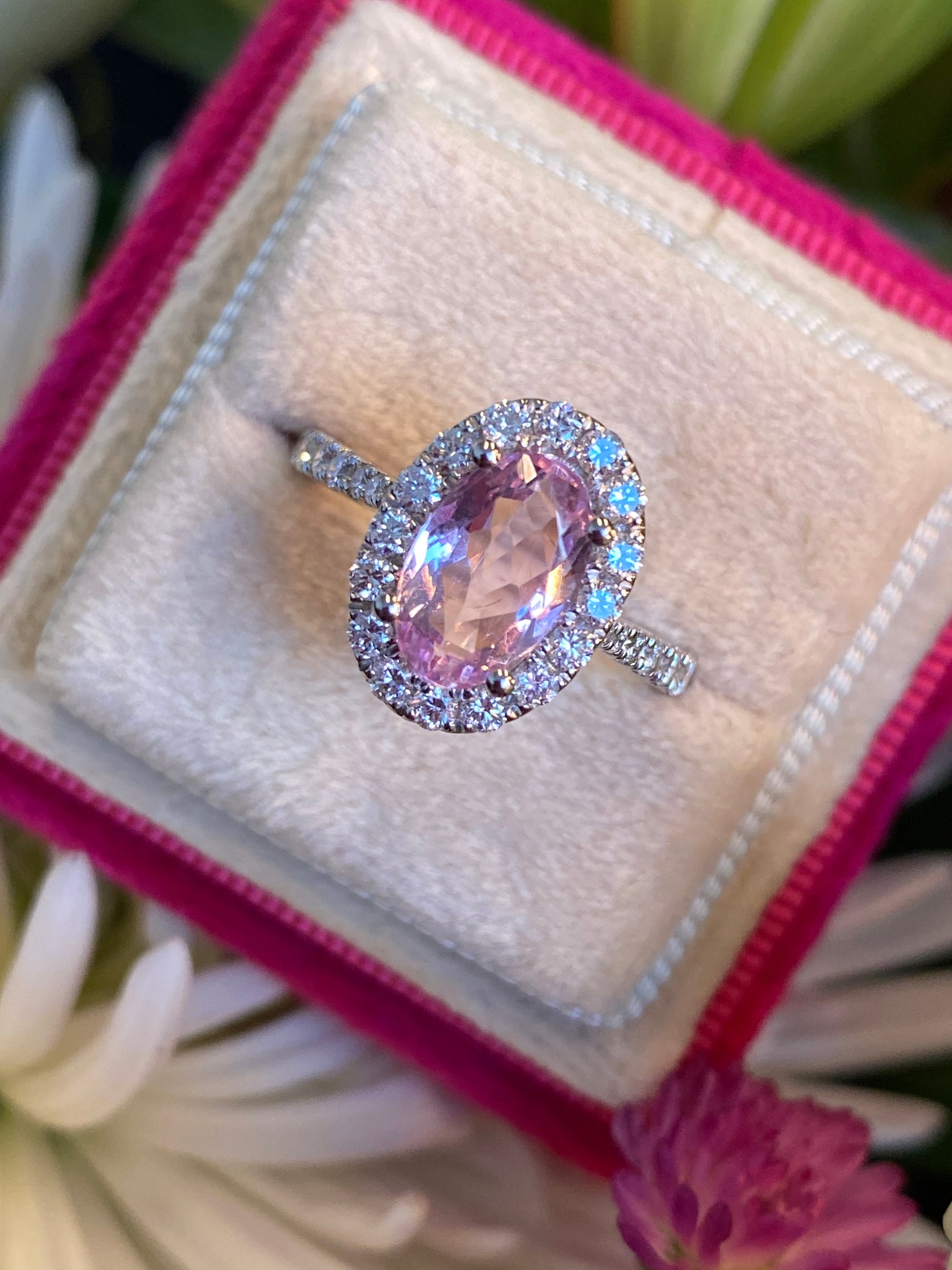 1.94 CTW Oval Cut Pink Topaz and Natural Diamond Halo Ring in Platinum