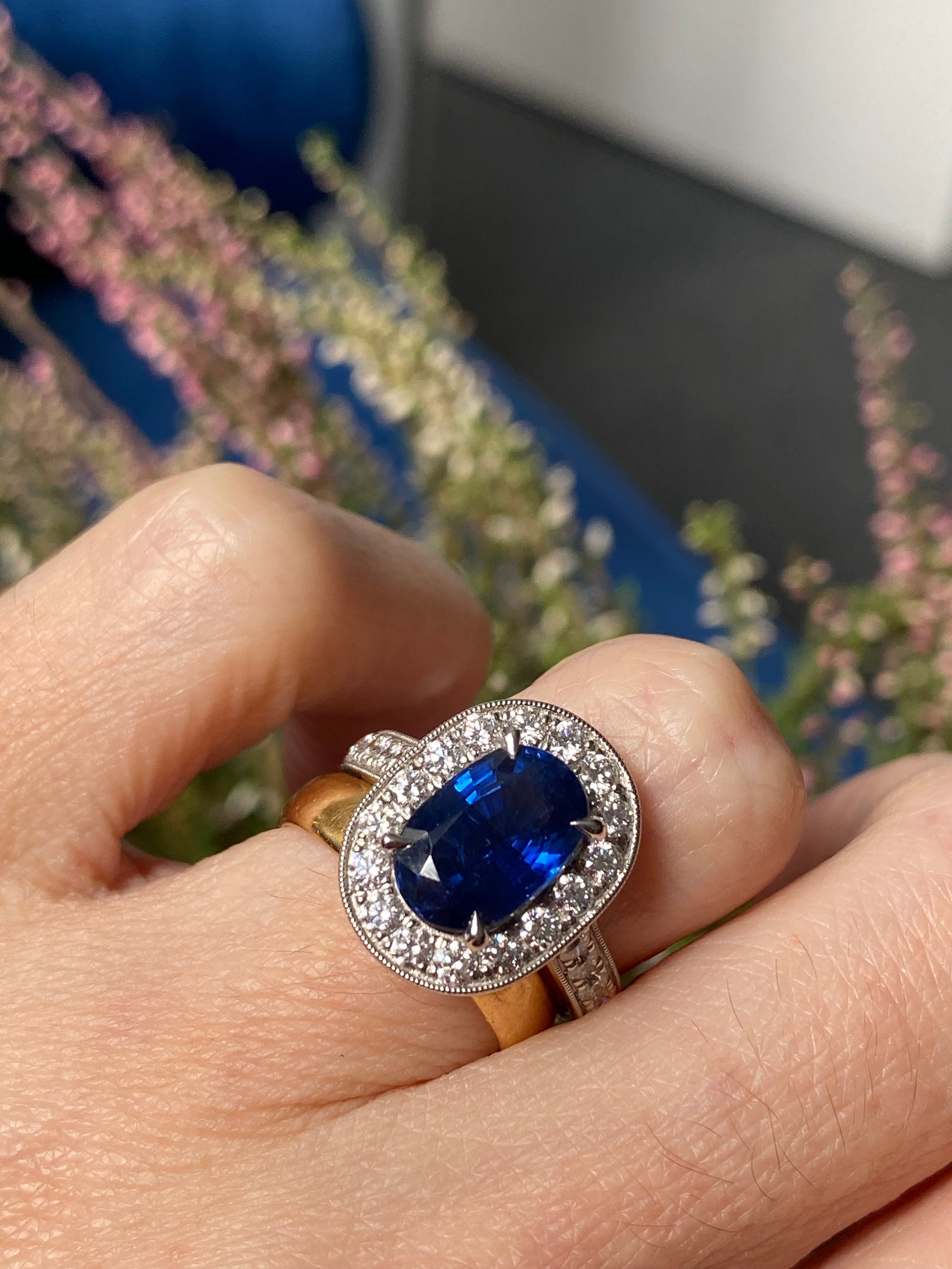 3.61 Carat Blue Ceylon Sapphire and Natural Diamond Halo Ring in Platinum