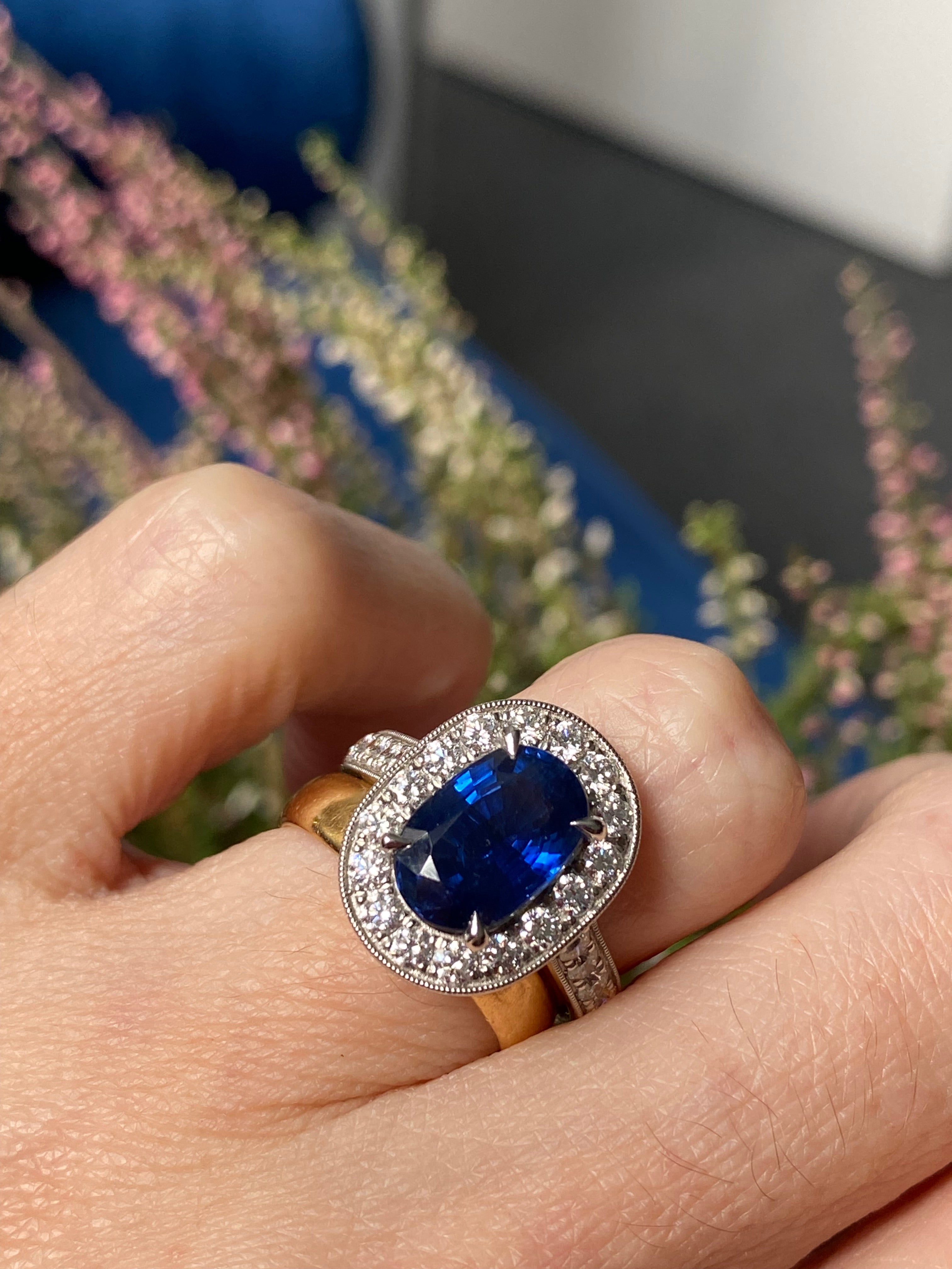 3.61 Carat Blue Ceylon Sapphire and Natural Diamond Halo Ring in Platinum