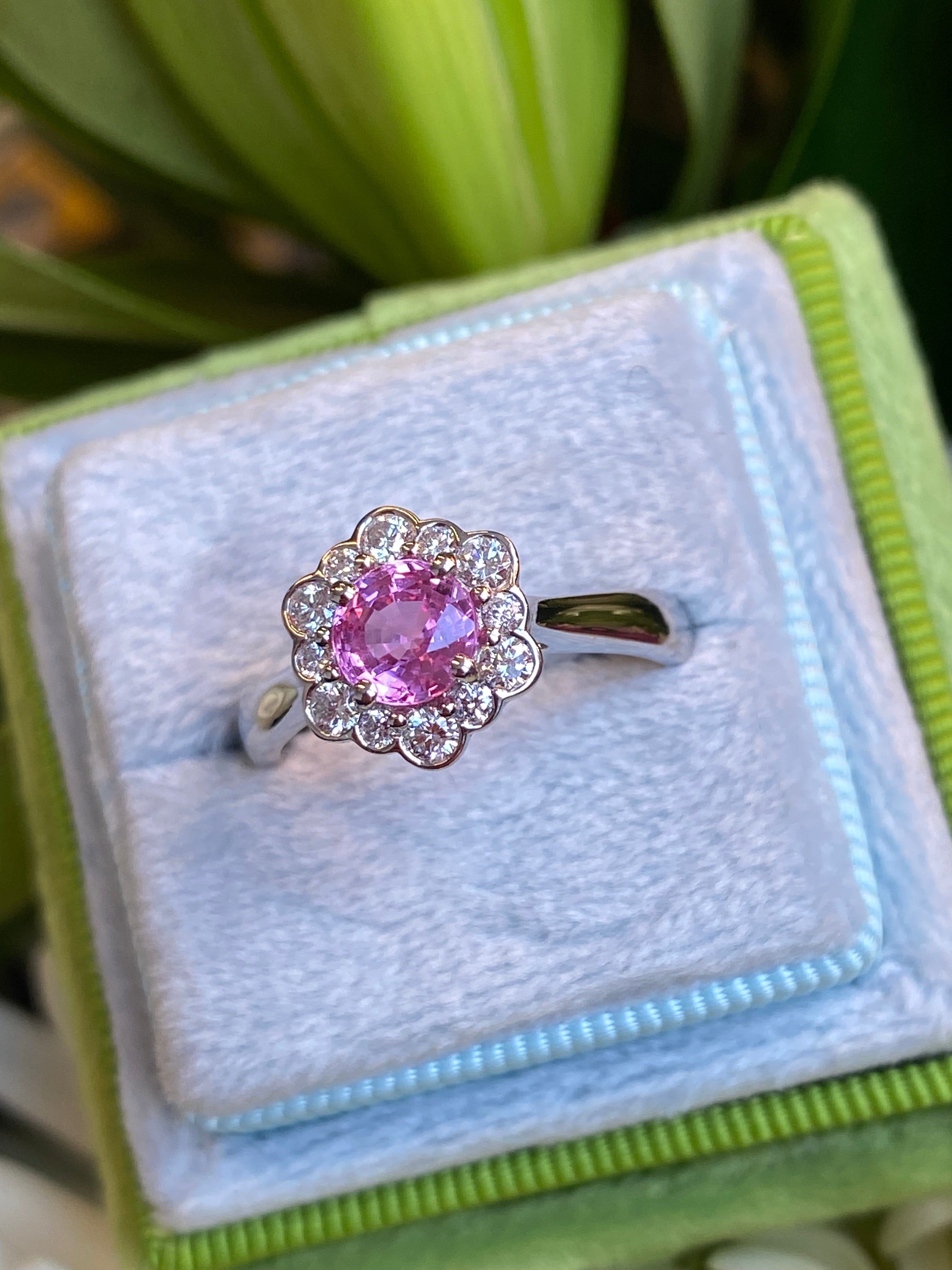 1.26 CTW Round Cut Pink Sapphire and Natural Diamond Halo Engagement Ring in Platinum