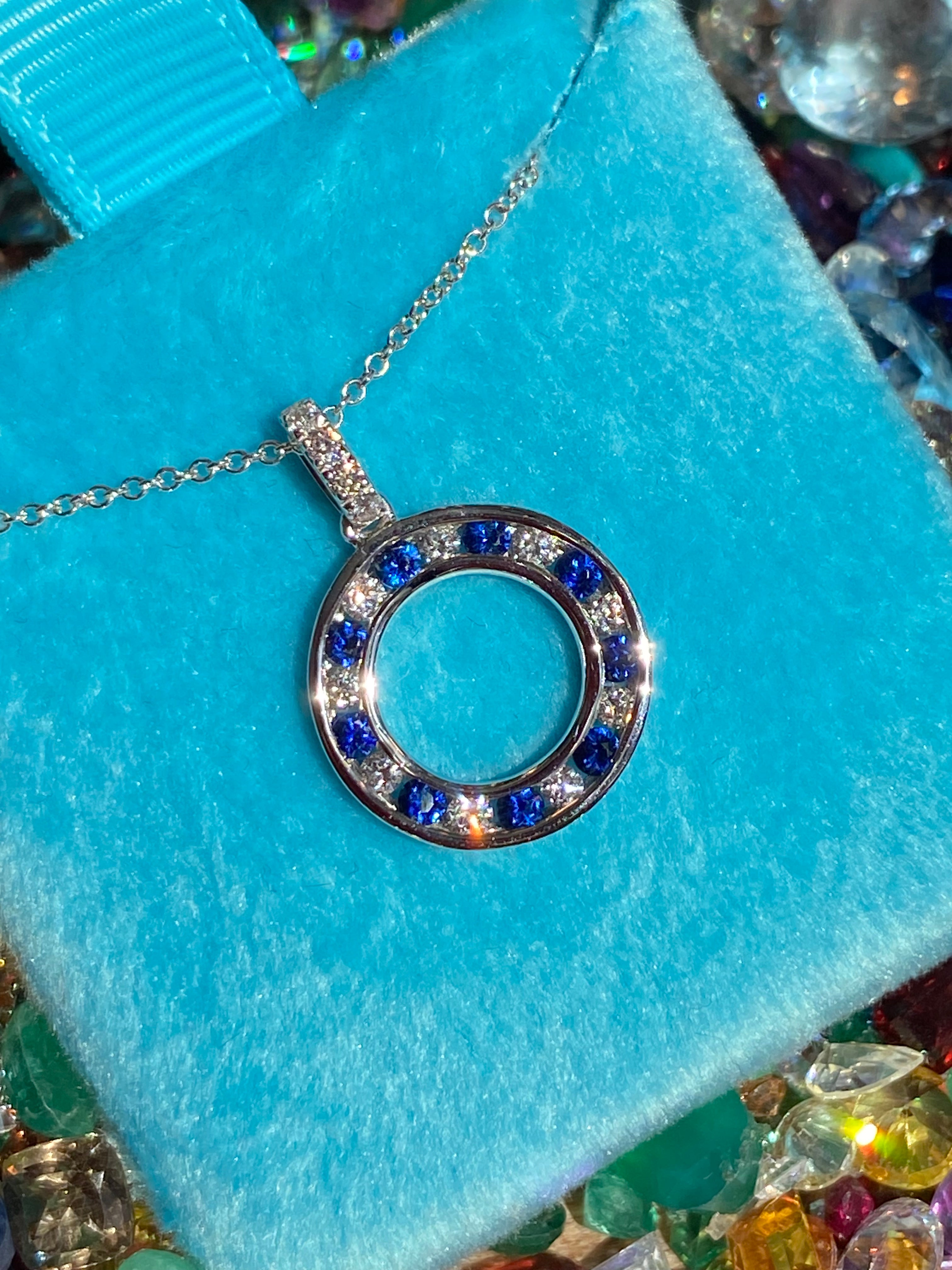 Beautiful Sapphire and Natural Diamond Pendant Necklace in 18ct White Gold