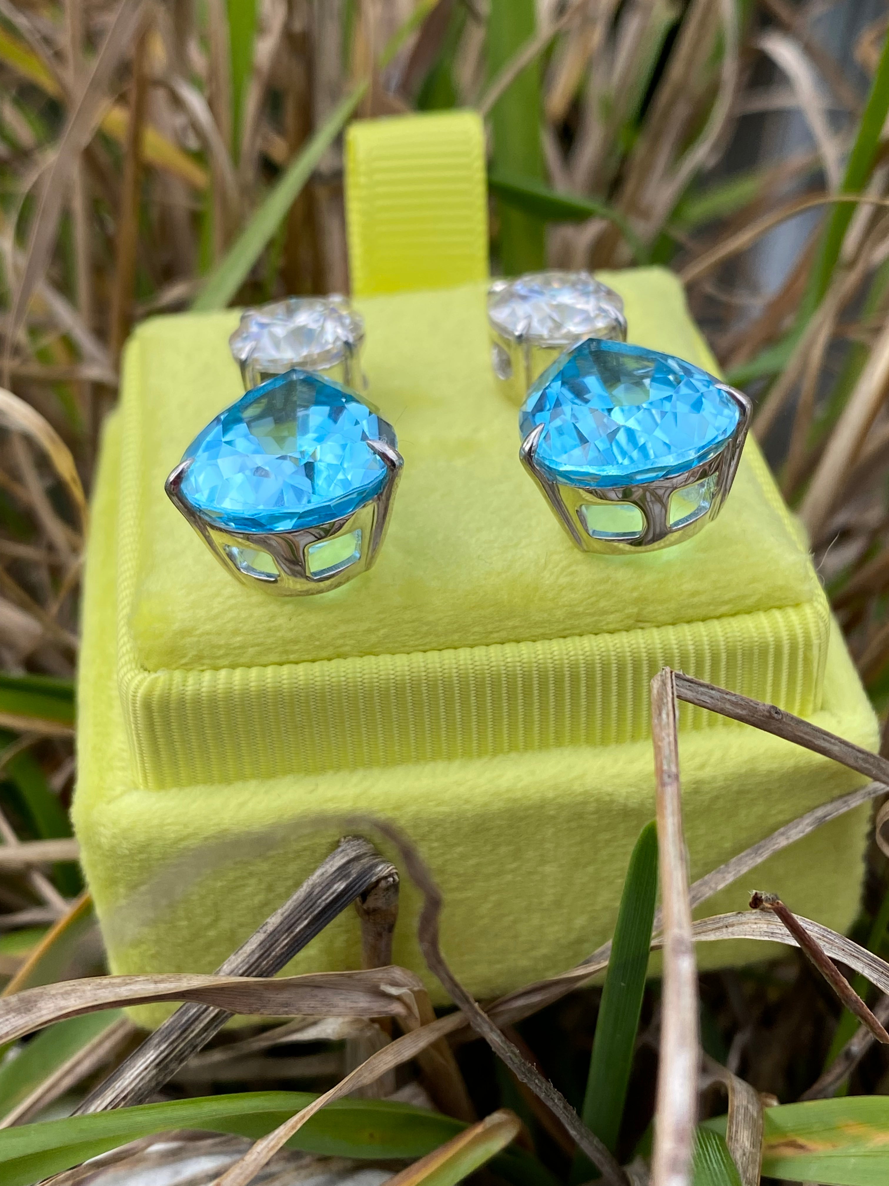 28.00 Carat Pear Cut Blue Topaz and 6.00 CTW Moissanite Earrings in Sterling Silver