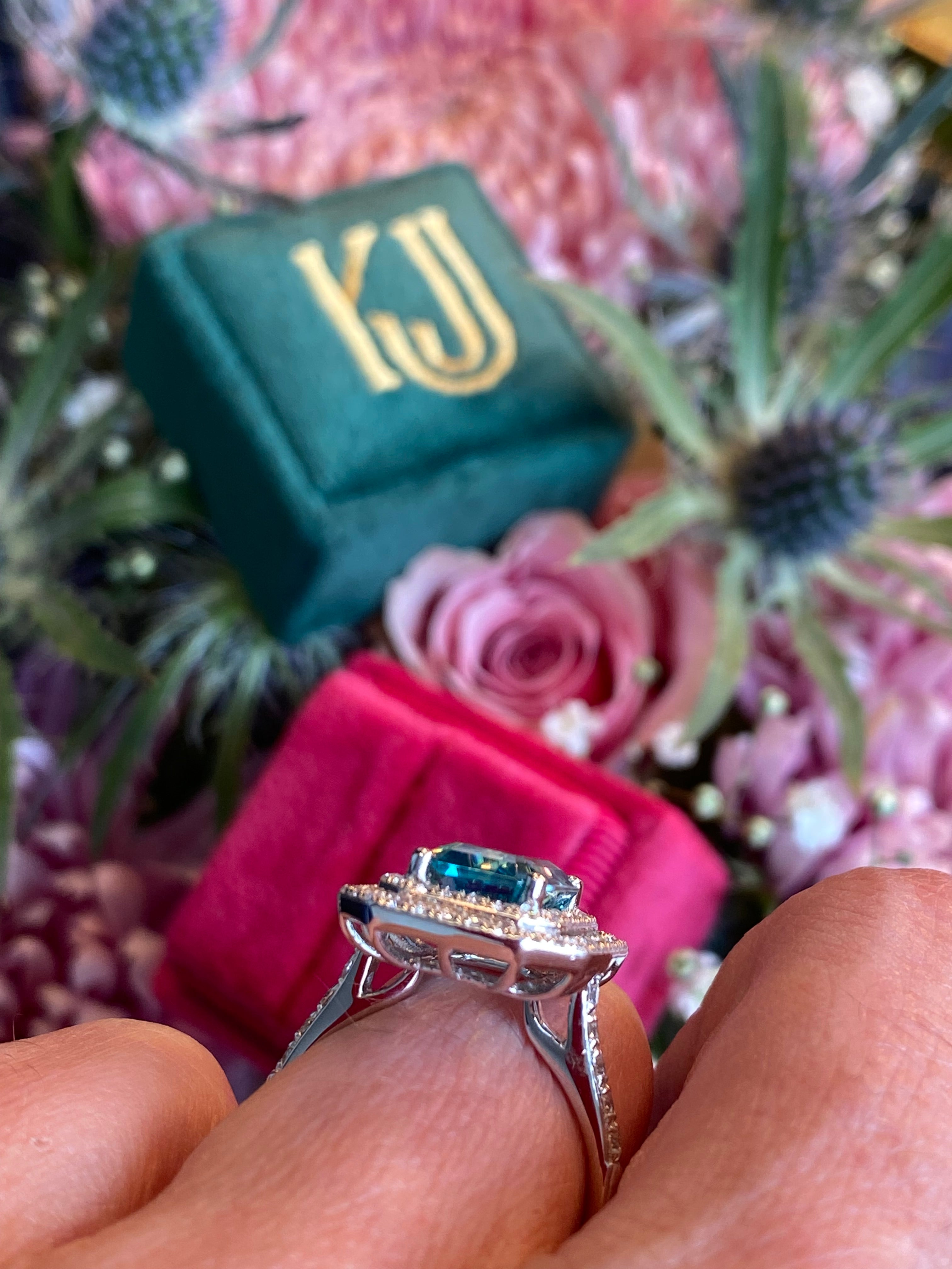 4.74 Ctw Blue Zircon and Natural Diamond Halo Ring in Platinum