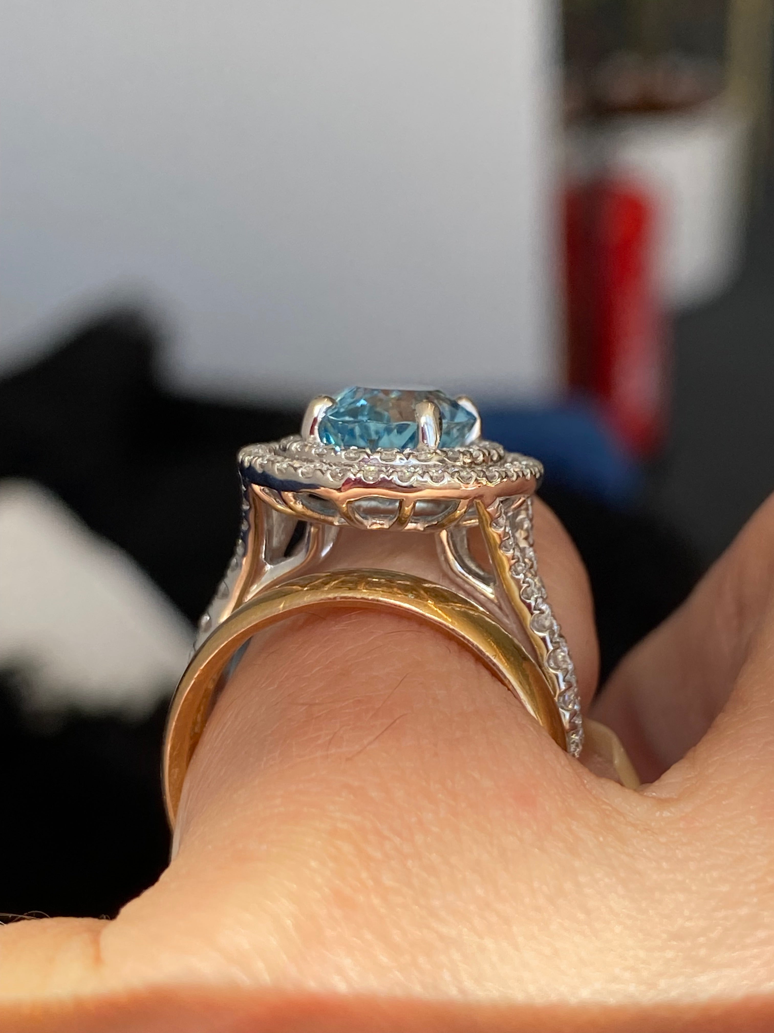 3.23 CTW Oval Cut Aquamarine and Natural Diamond Double Halo Engagement Ring in Platinum