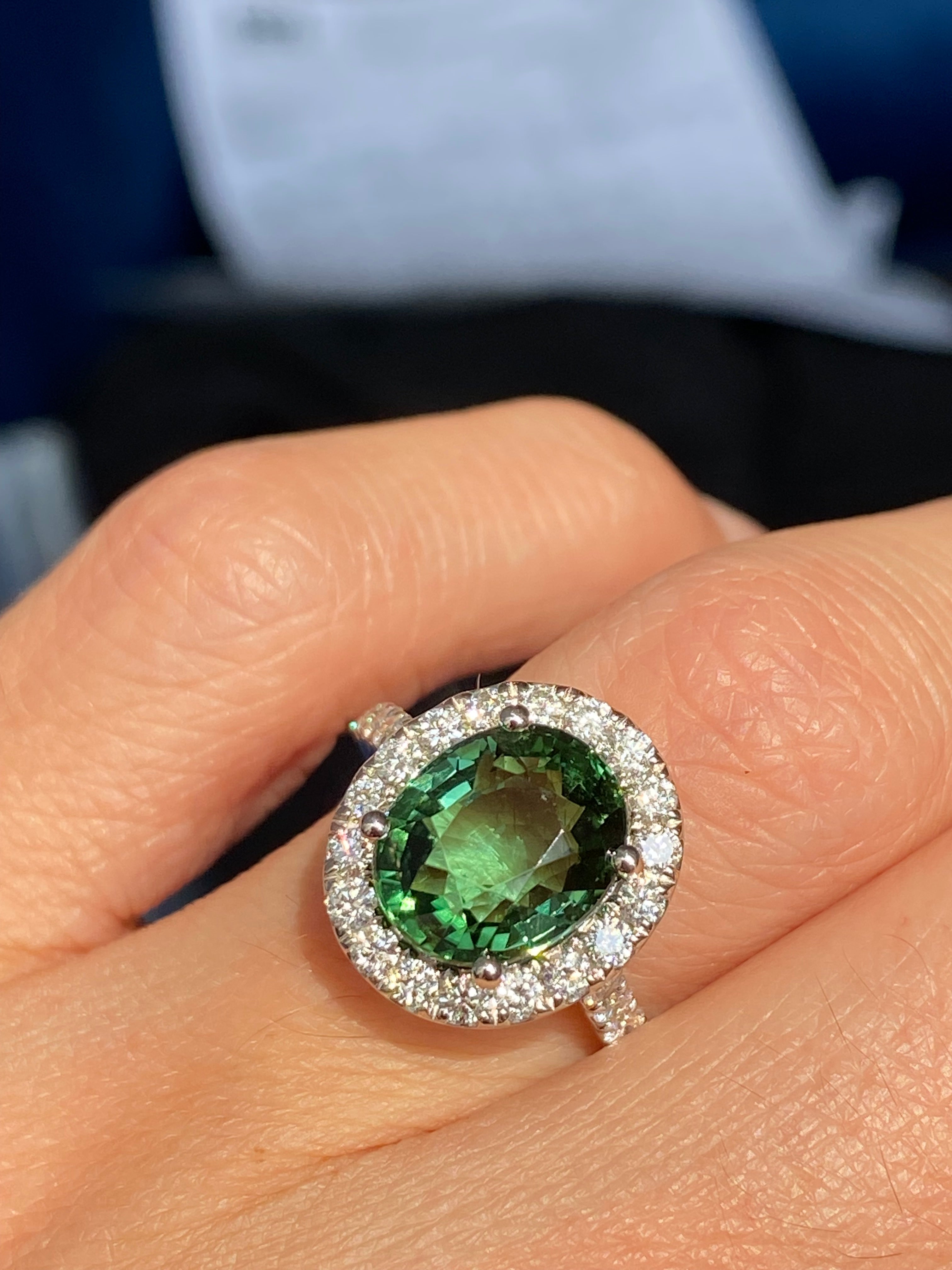 5.45 CTW Green Tourmaline and Natural Diamond Halo Ring in Platinum