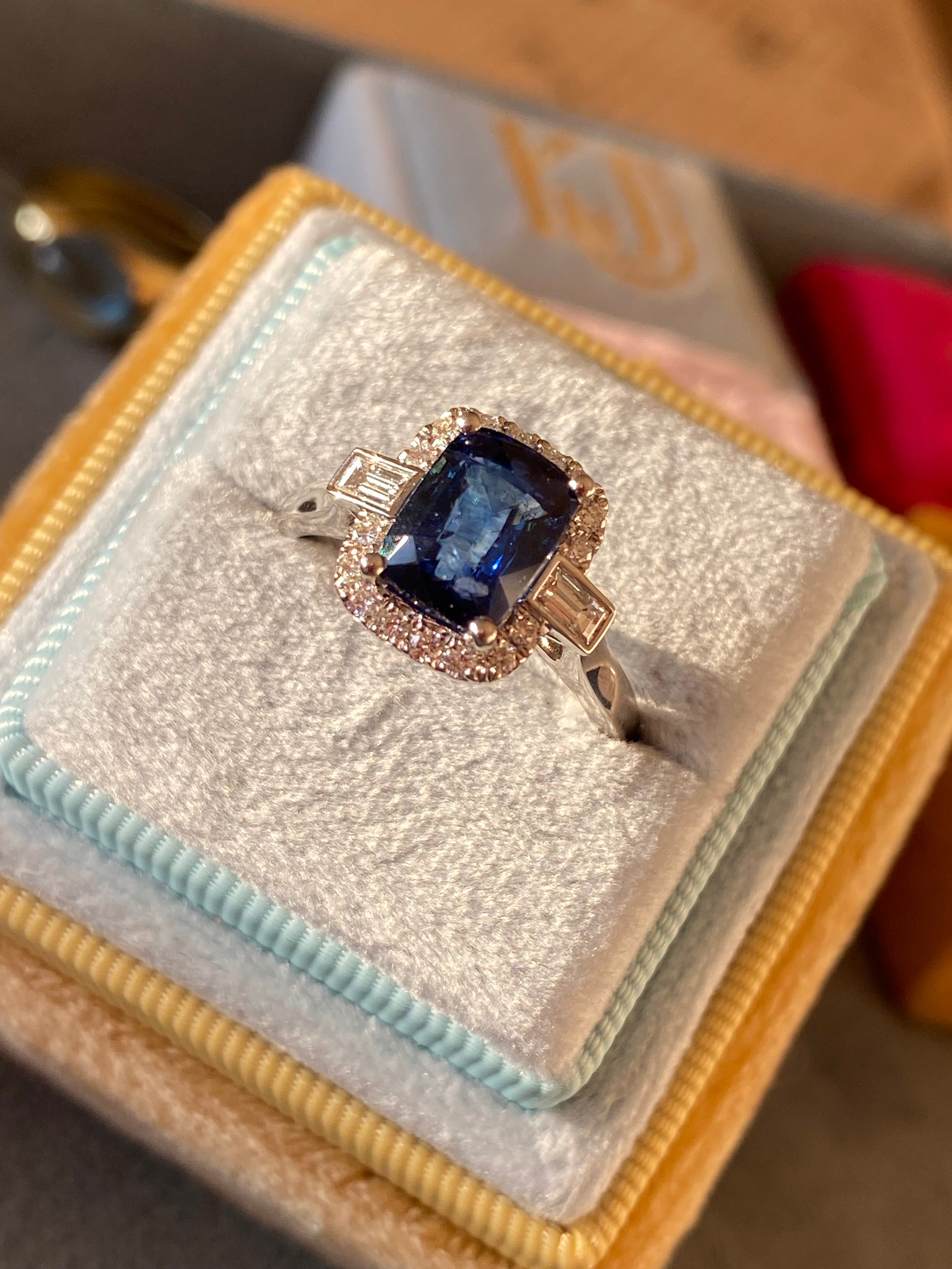 2.59 Carat Cushion Cut Sapphire and Natural Diamond Halo Ring in Platinum