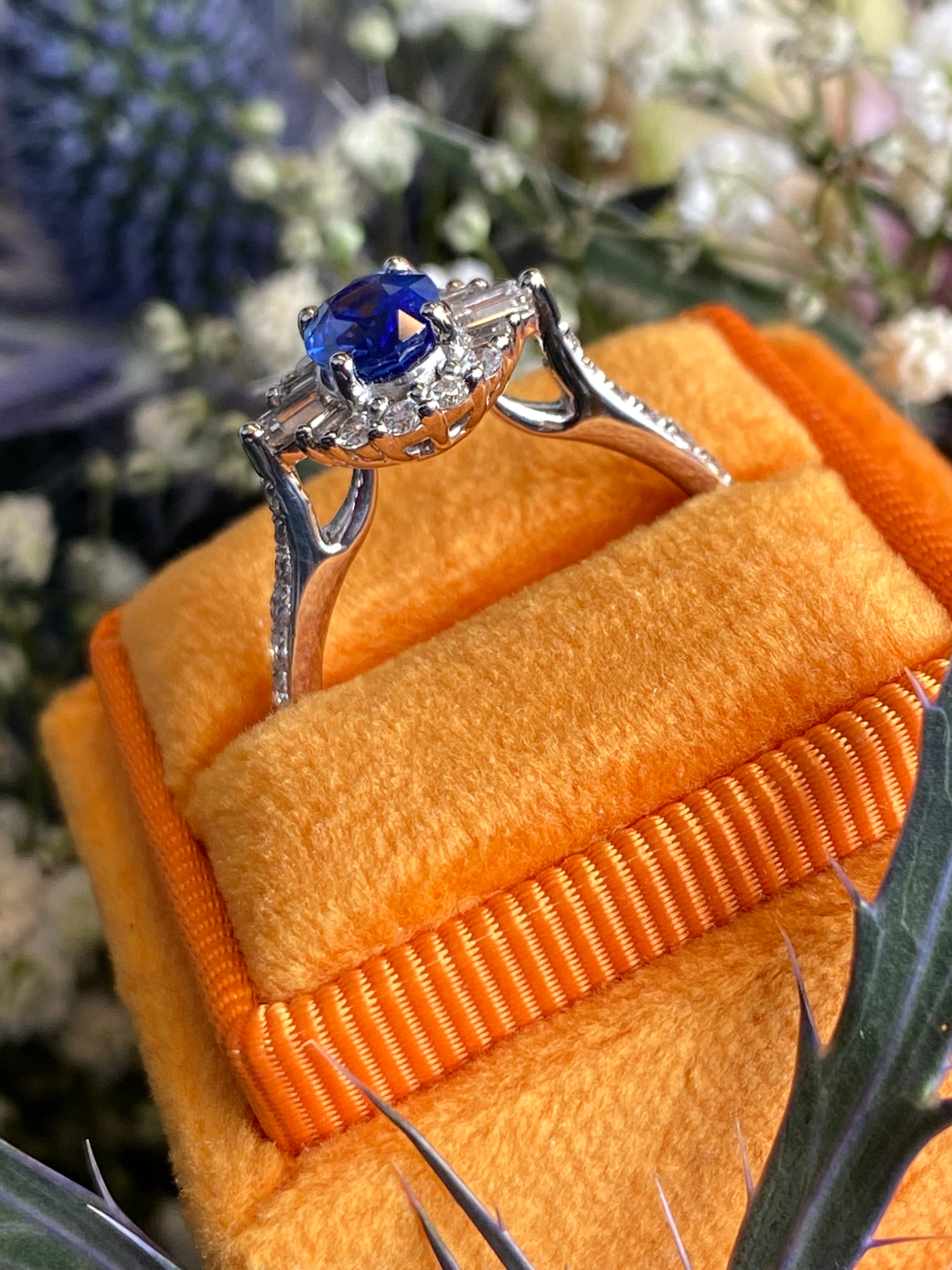 1.58 CTW Blue Ceylon Sapphire and Natural Diamond Halo Ring in Platinum