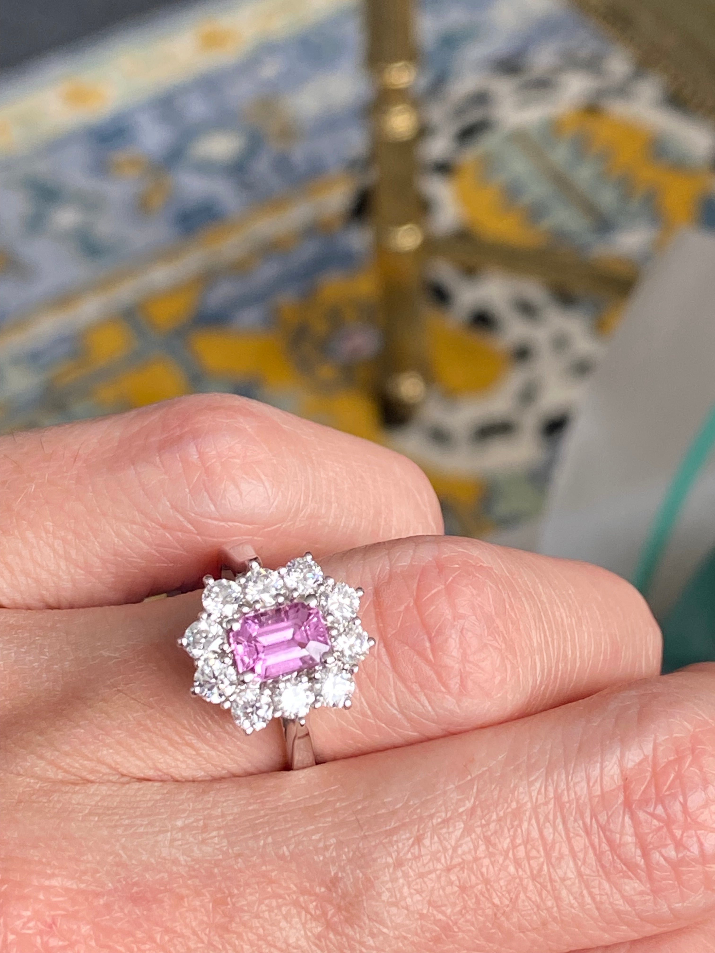 2.33 CTW Emerald Cut Pink Sapphire and Natural Diamond Halo Ring in Platinum