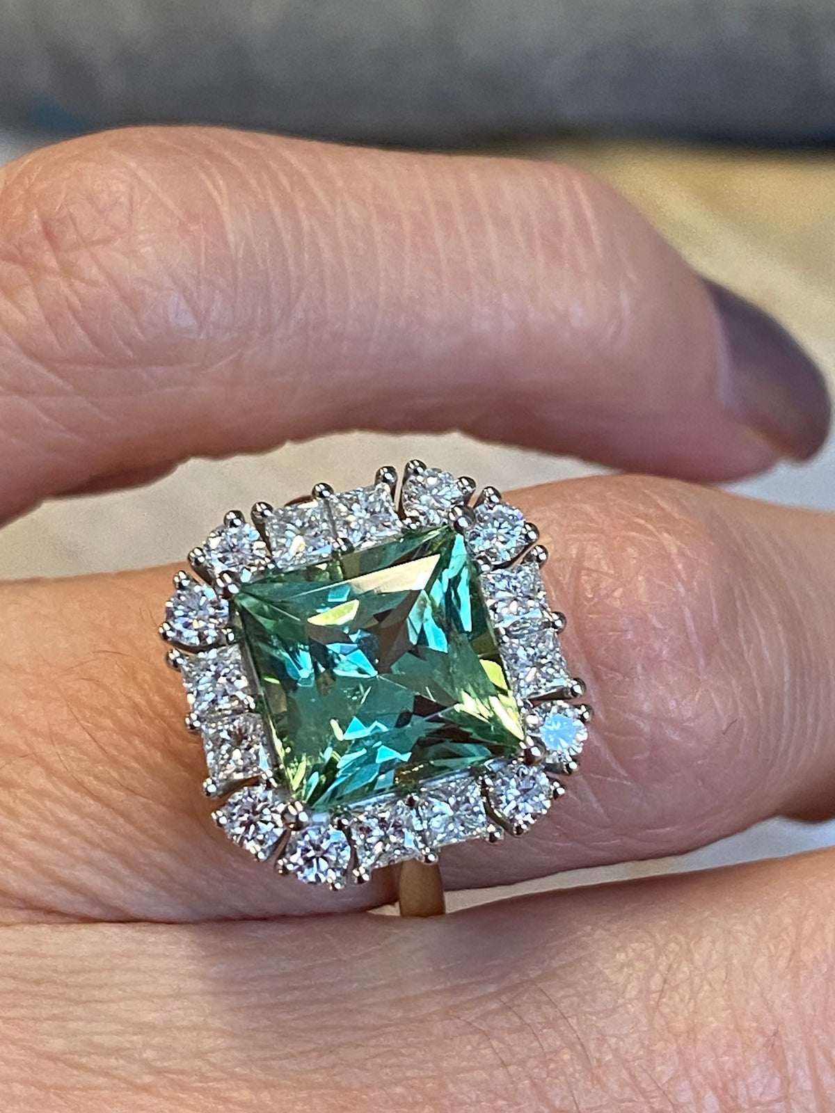 4.73 CTW Princess Cut Mint Tourmaline and Natural Diamond Ring in Platinum and 18ct Yellow Gold