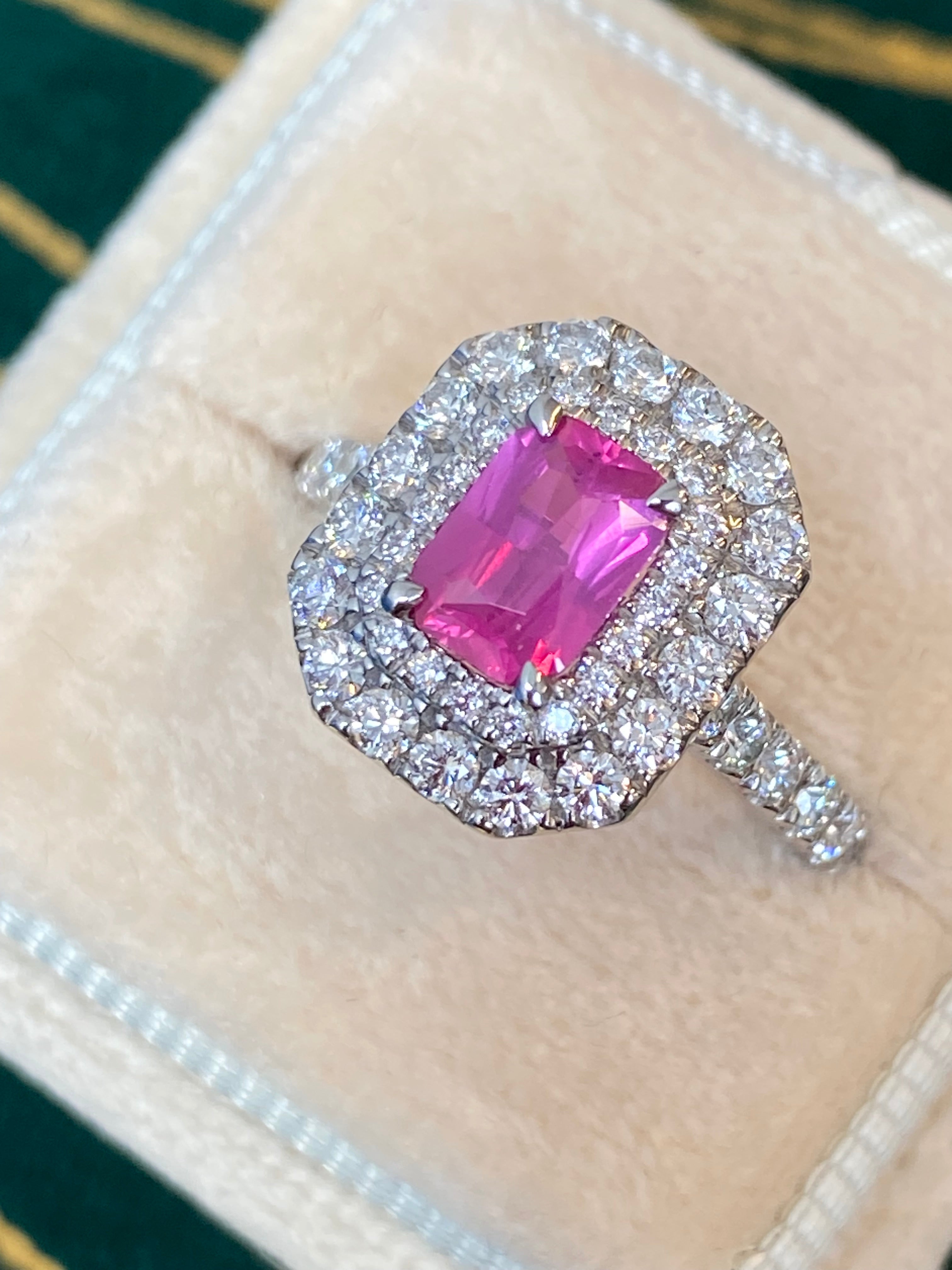 1.75 CTW Radiant Cut Pink Sapphire and Natural Diamond Double Halo Ring in Platinum