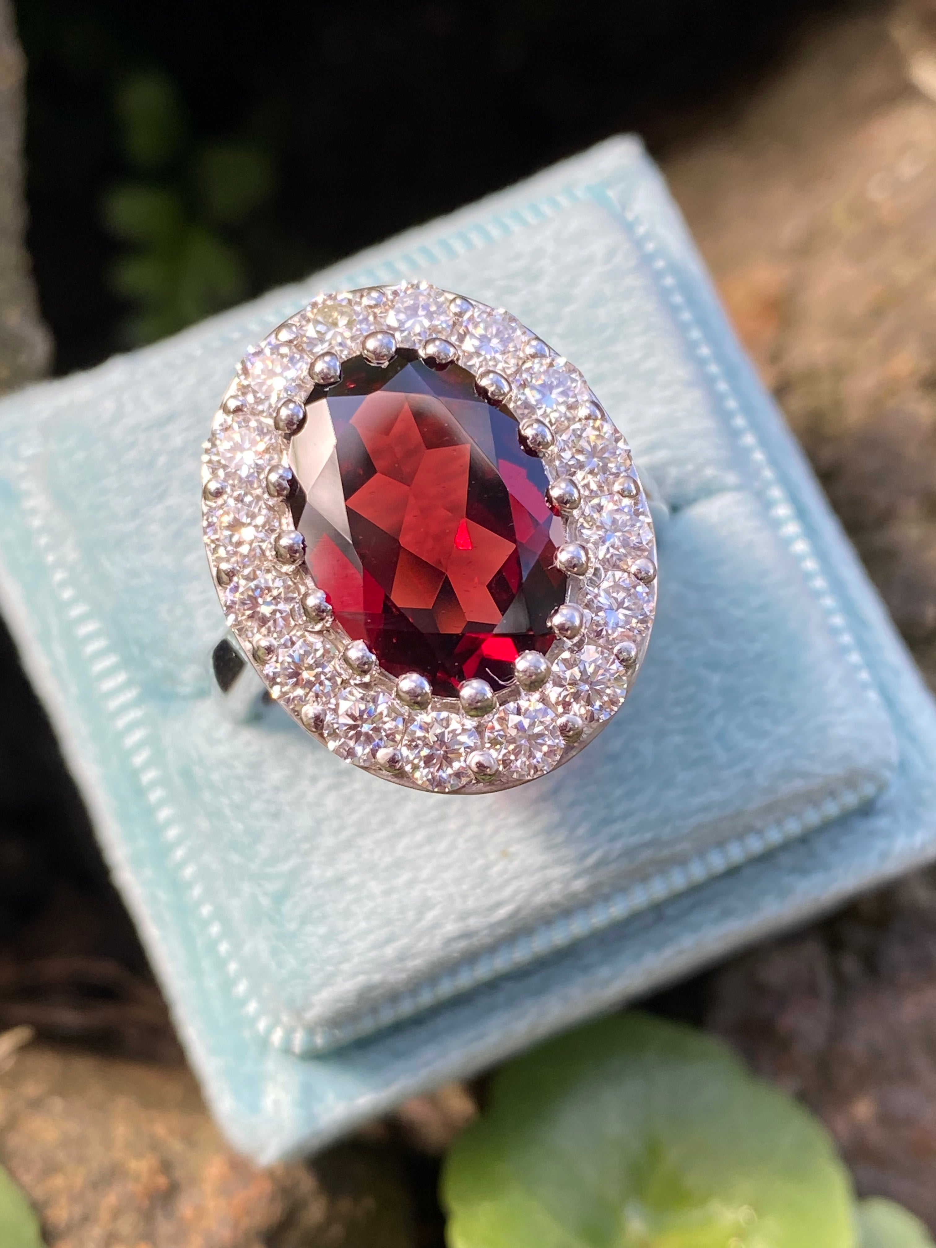 8.25 CTW Oval Cut Garnet and Moissanite Halo Cocktail Ring in Sterling Silver / 9ct Gold /18ct Gold