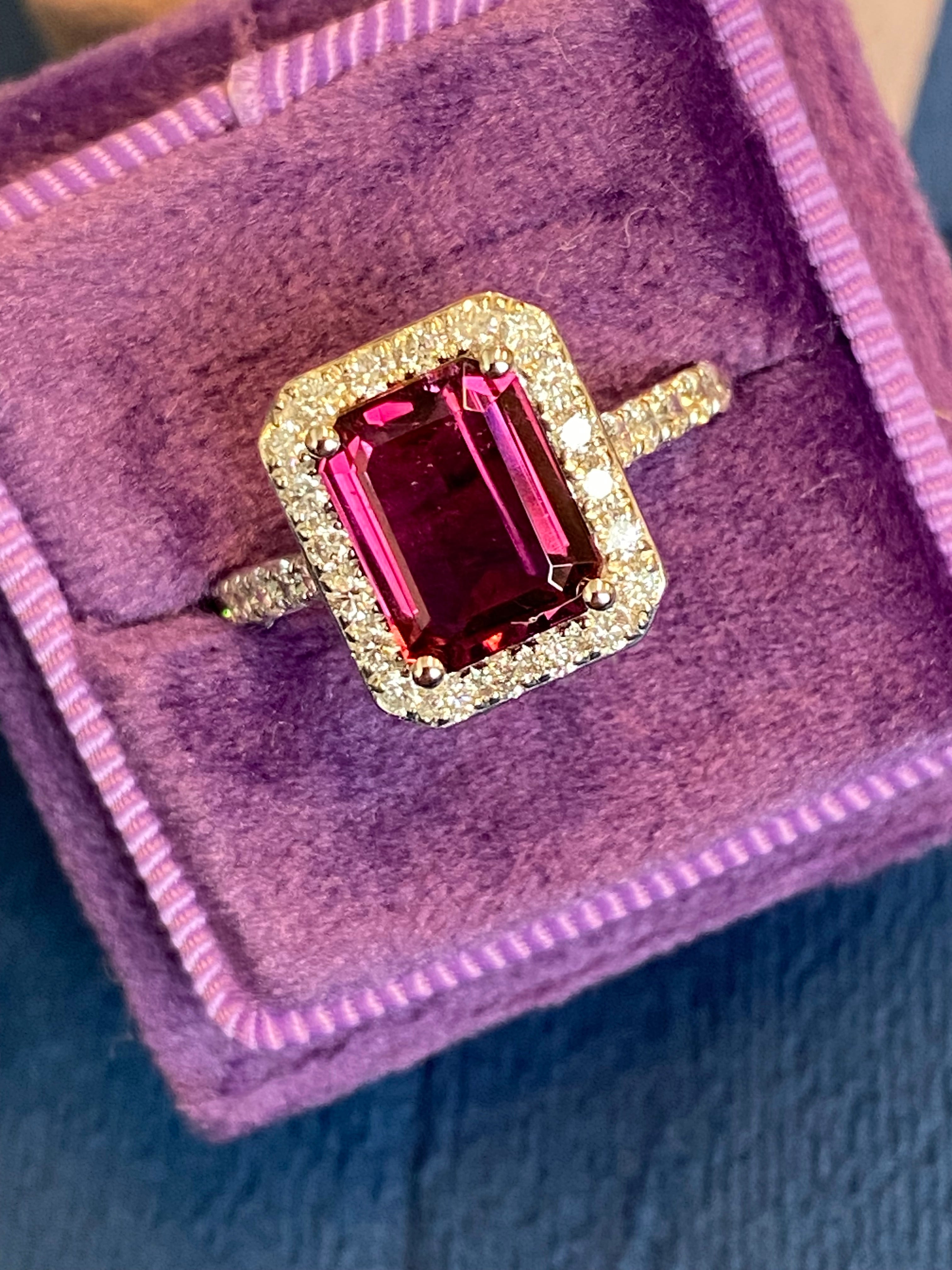 2.71 CTW Emerald Cut Pink Tourmaline and Natural Diamond Halo Ring in Platinum