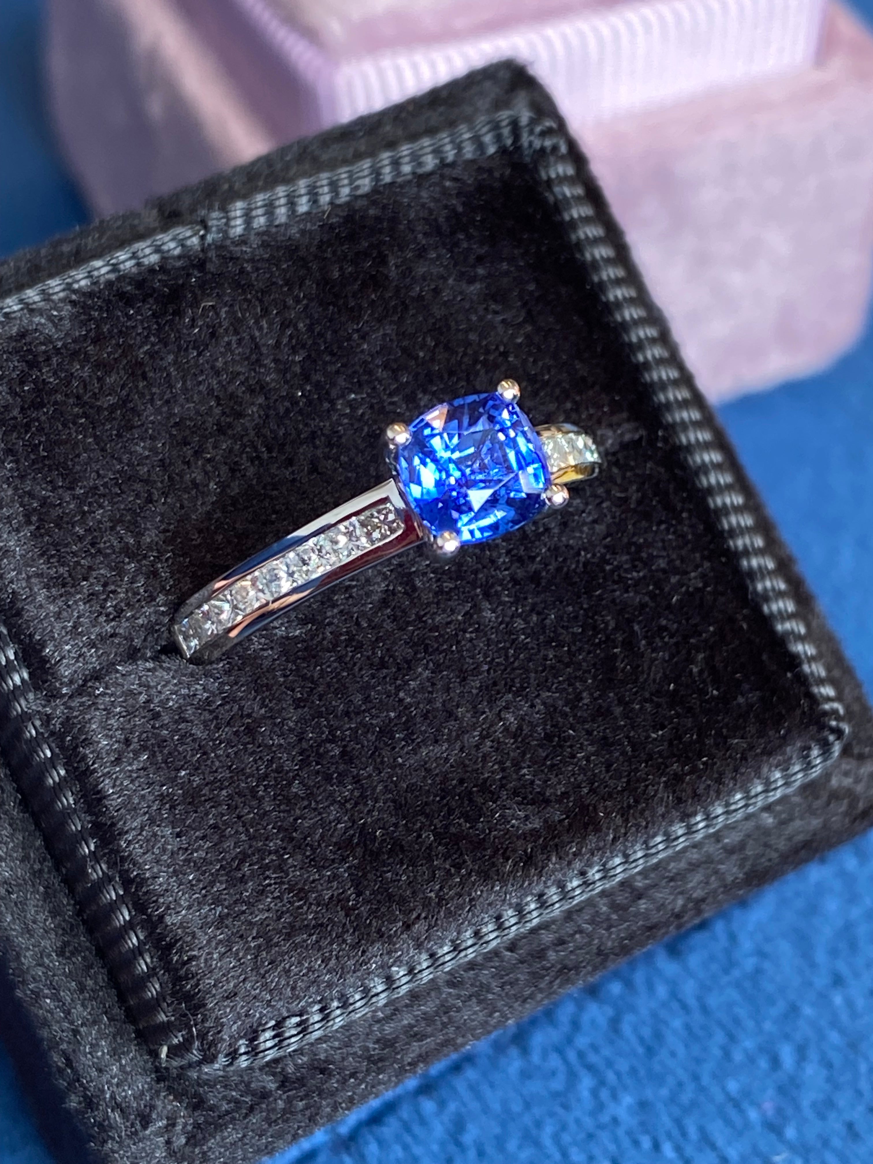 1.02 Carat Cushion Cut Blue Ceylon Sapphire Solitaire Style Engagement Ring in Platinum