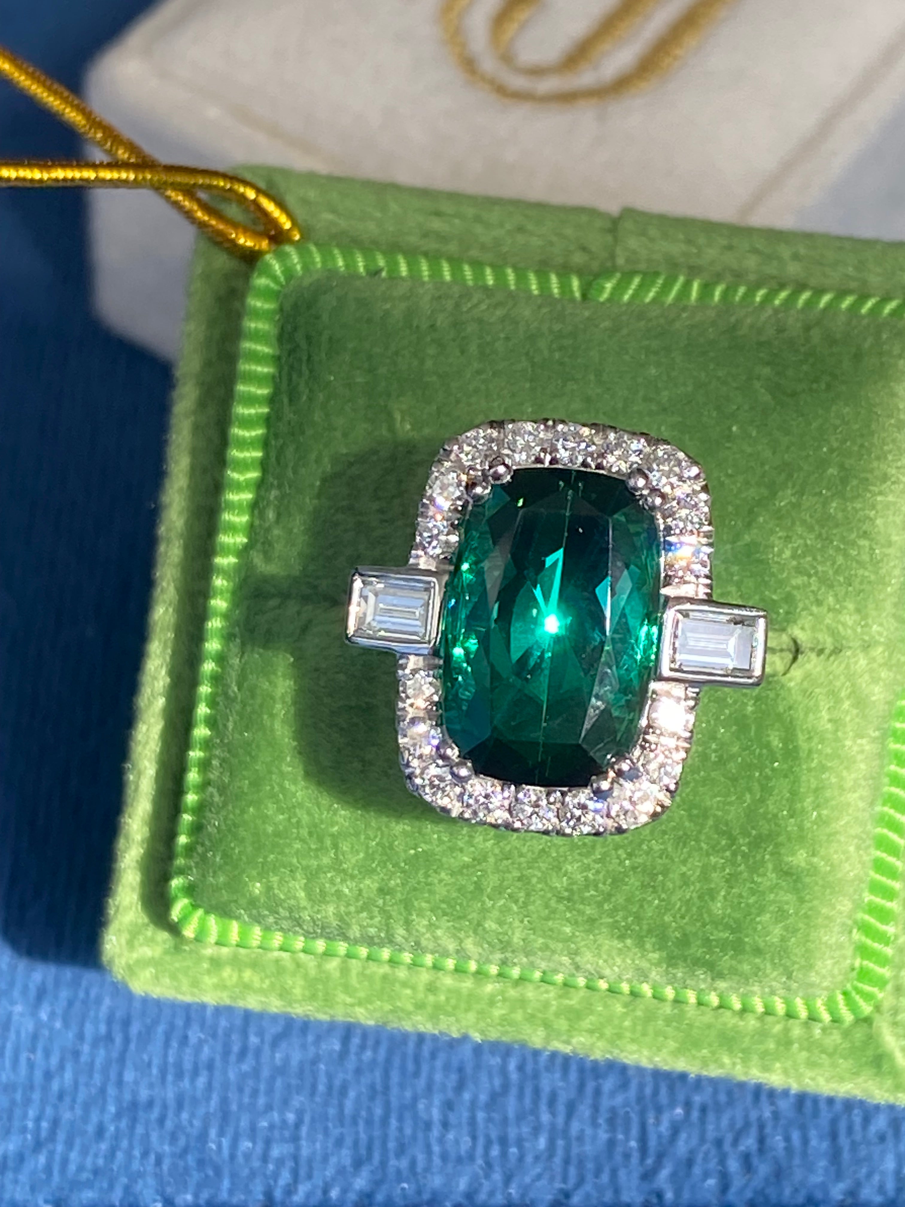 6.35 CTW Cut Teal Tourmaline and Natural Diamond Ring in Platinum