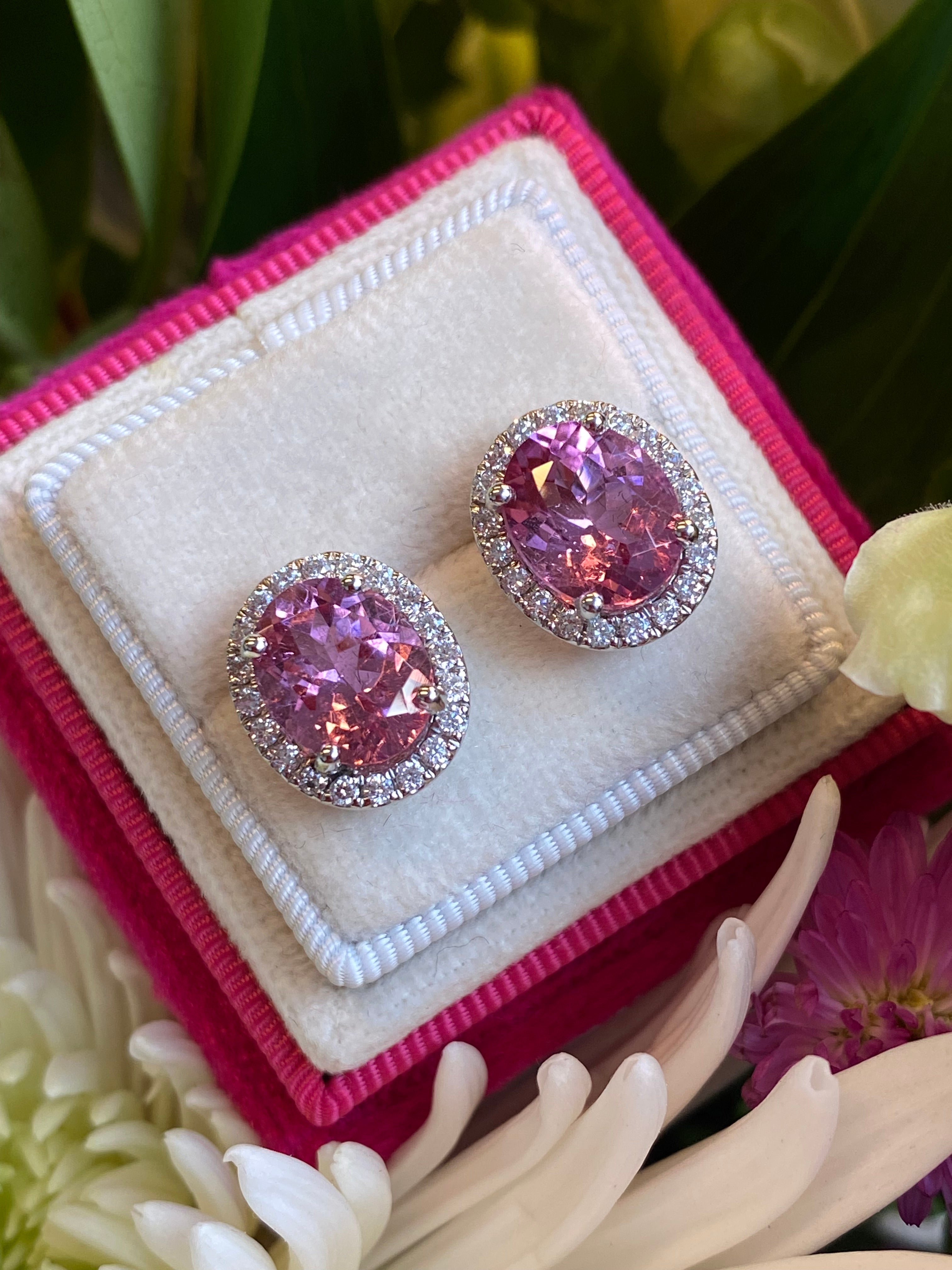 5.90 CTW Pink Tourmaline and Diamond Halo Stud Earrings in Platinum
