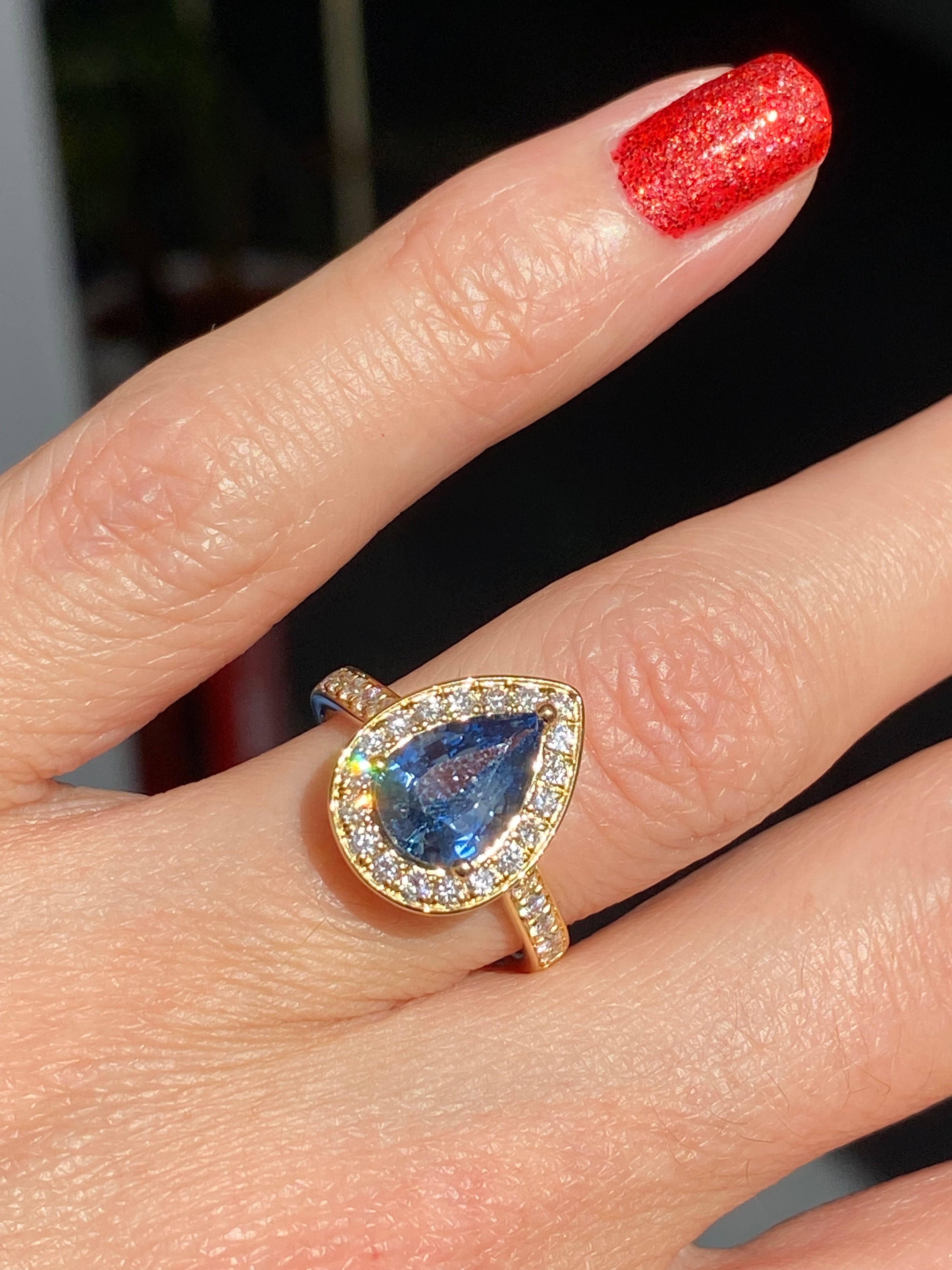 2.07 Carat Pear Cut Teal Sapphire and 0.48 CTW Natural Diamond Ring in 18ct Yellow Gold