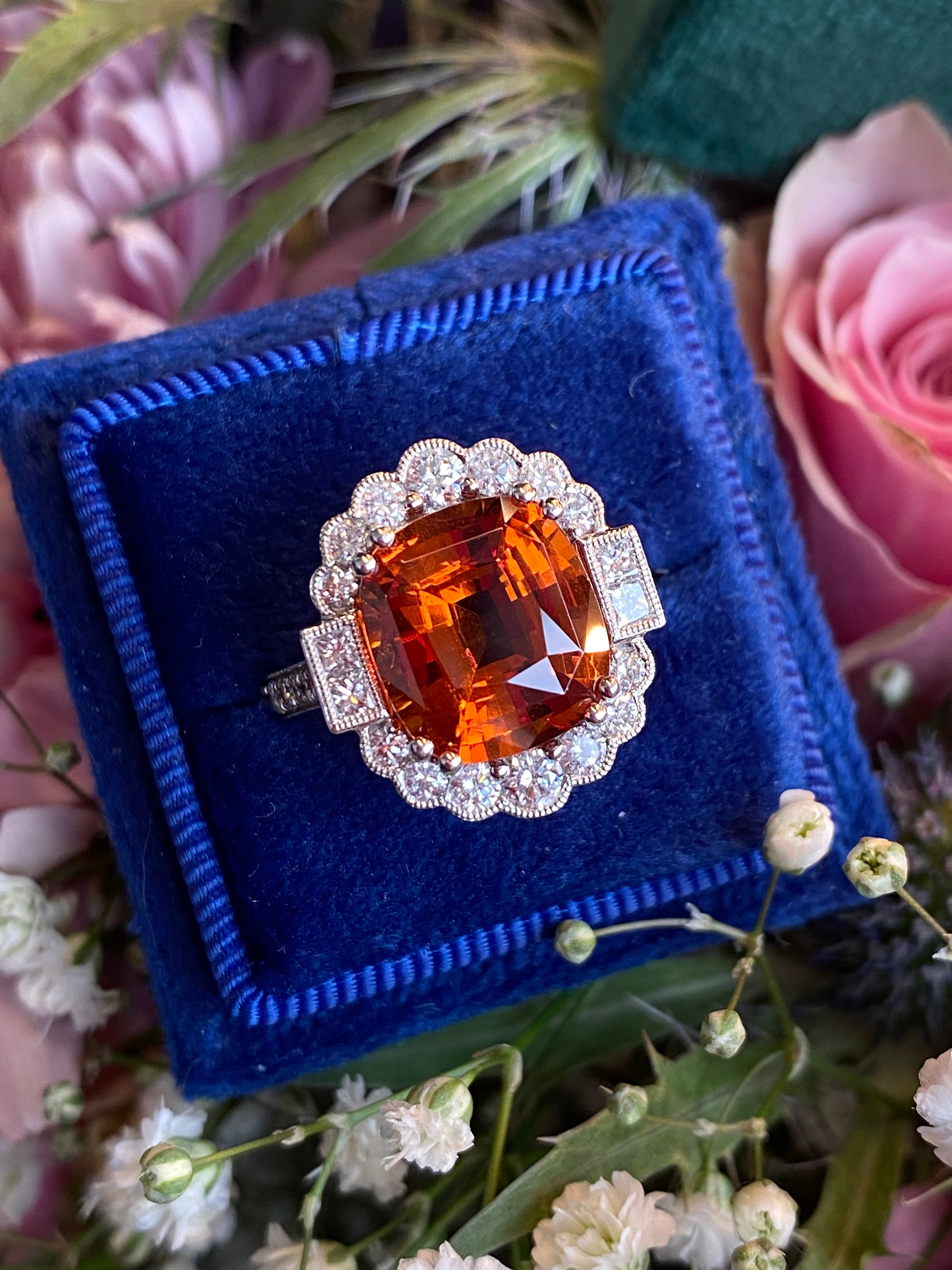 5.95 Carat Hessonite Garnet and 1.03ctw Natural Diamond Ring in Platinum