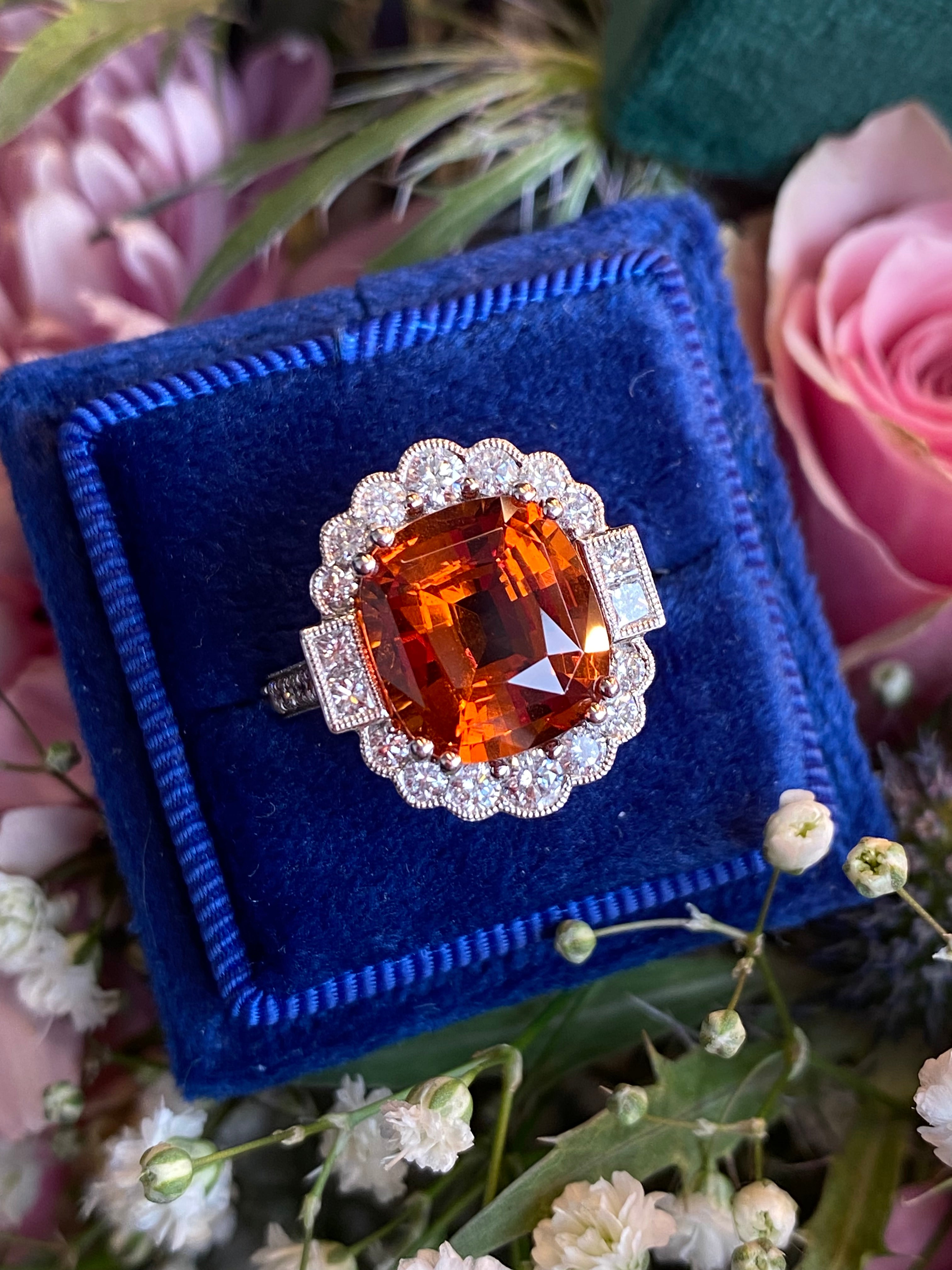 5.95 Carat Hessonite Garnet and 1.03ctw Natural Diamond Ring in Platinum