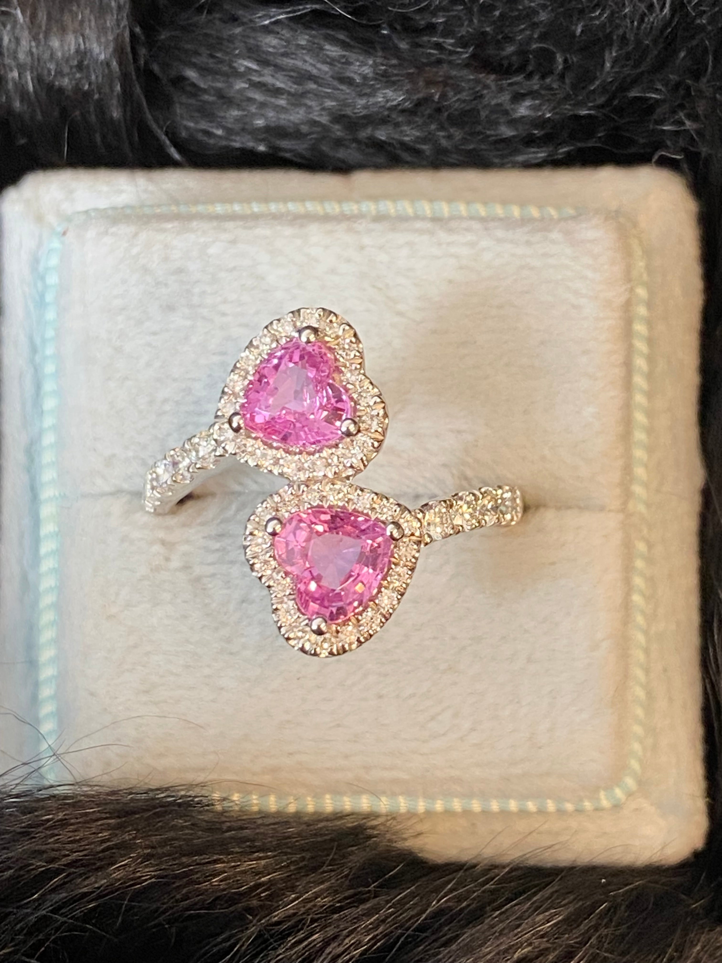 1.92 CTW Heart Shape Pink Sapphire and Natural Diamond Toi et Moi Ring in Platinum