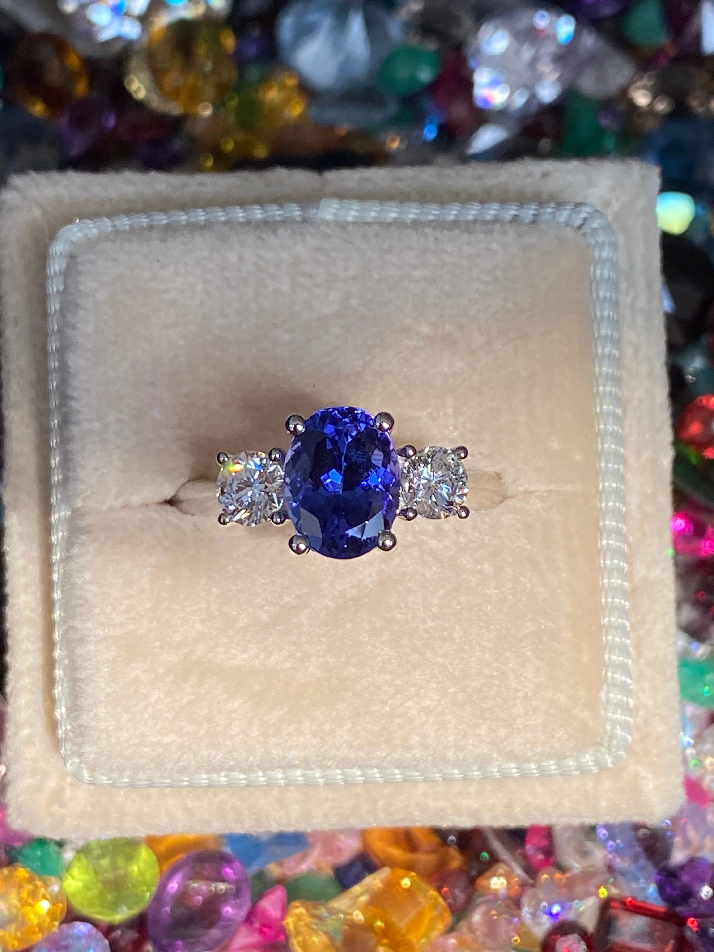 2.08 CTW Tanzanite and Natural Diamond Three Stone Ring in Platinum