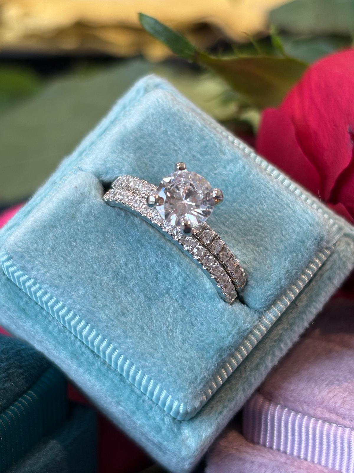 Round Cut Solitaire Moissanite Halo Engagement and Wedding / Eternity Ring Set in Sterling Silver