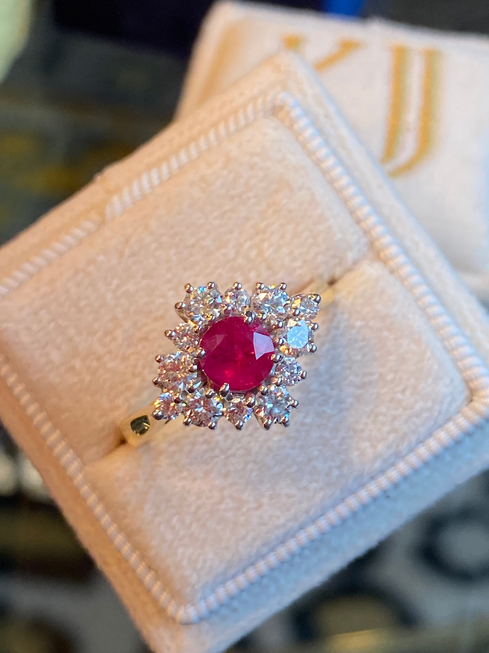 1.31 CTW Round-Cut Ruby and Natural Diamond Halo Ring in 18ct White and Yellow Gold