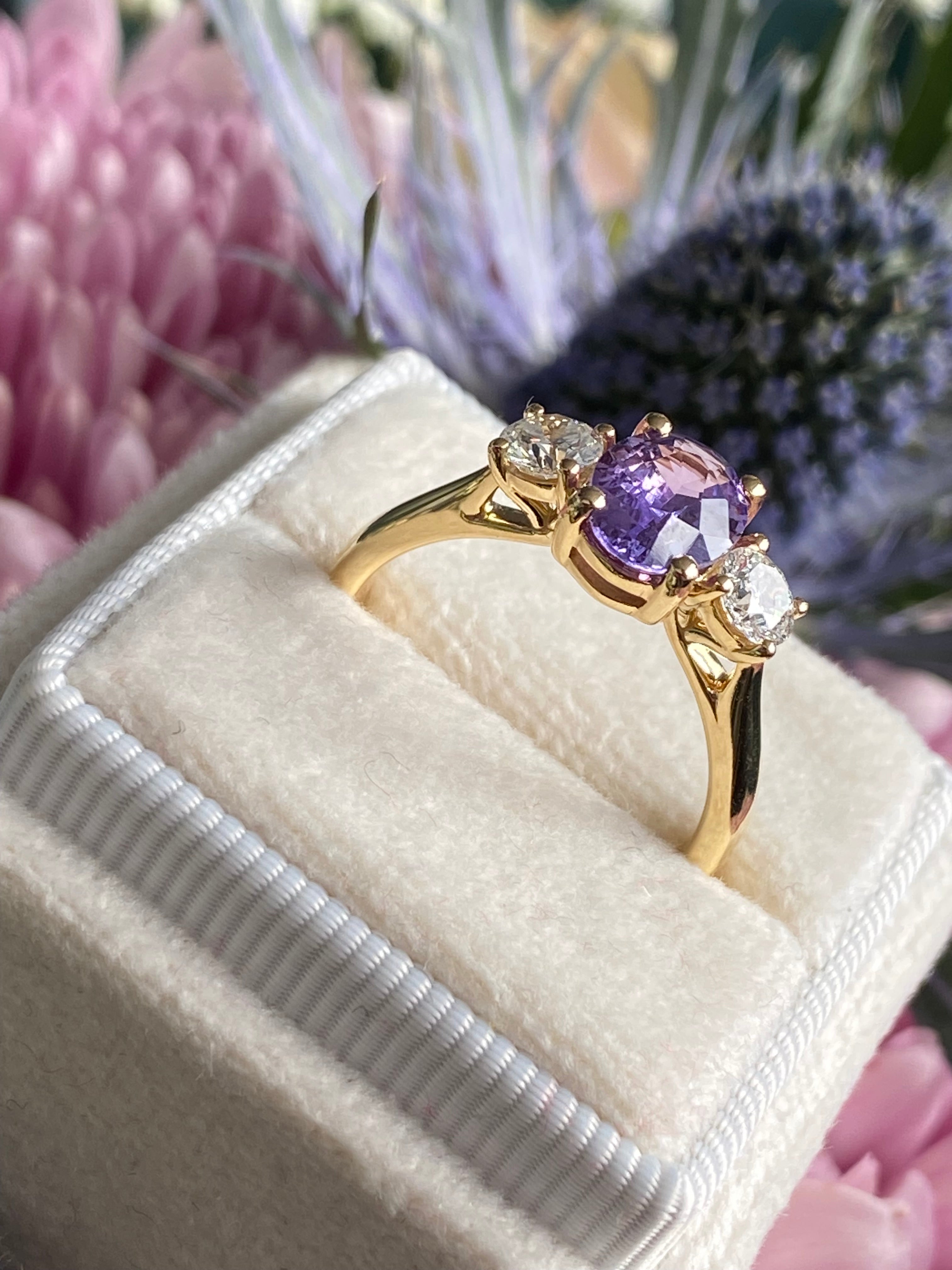 1.82 CTW Purple Sapphire and Natural Diamond Three Stone Ring in 18ct Yellow Gold