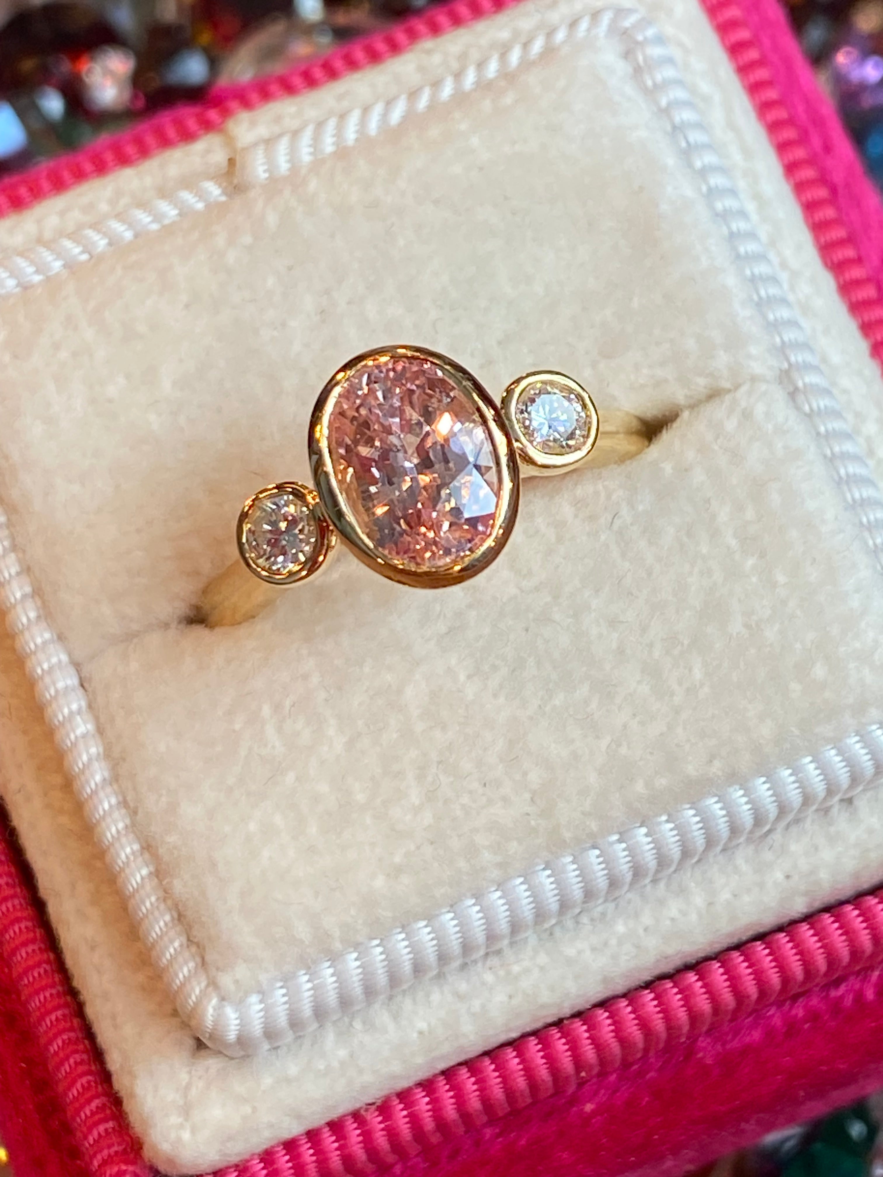 2.02 CTW Peach Sapphire and Natural Diamond Three Stone Ring in 18ct Yellow Gold