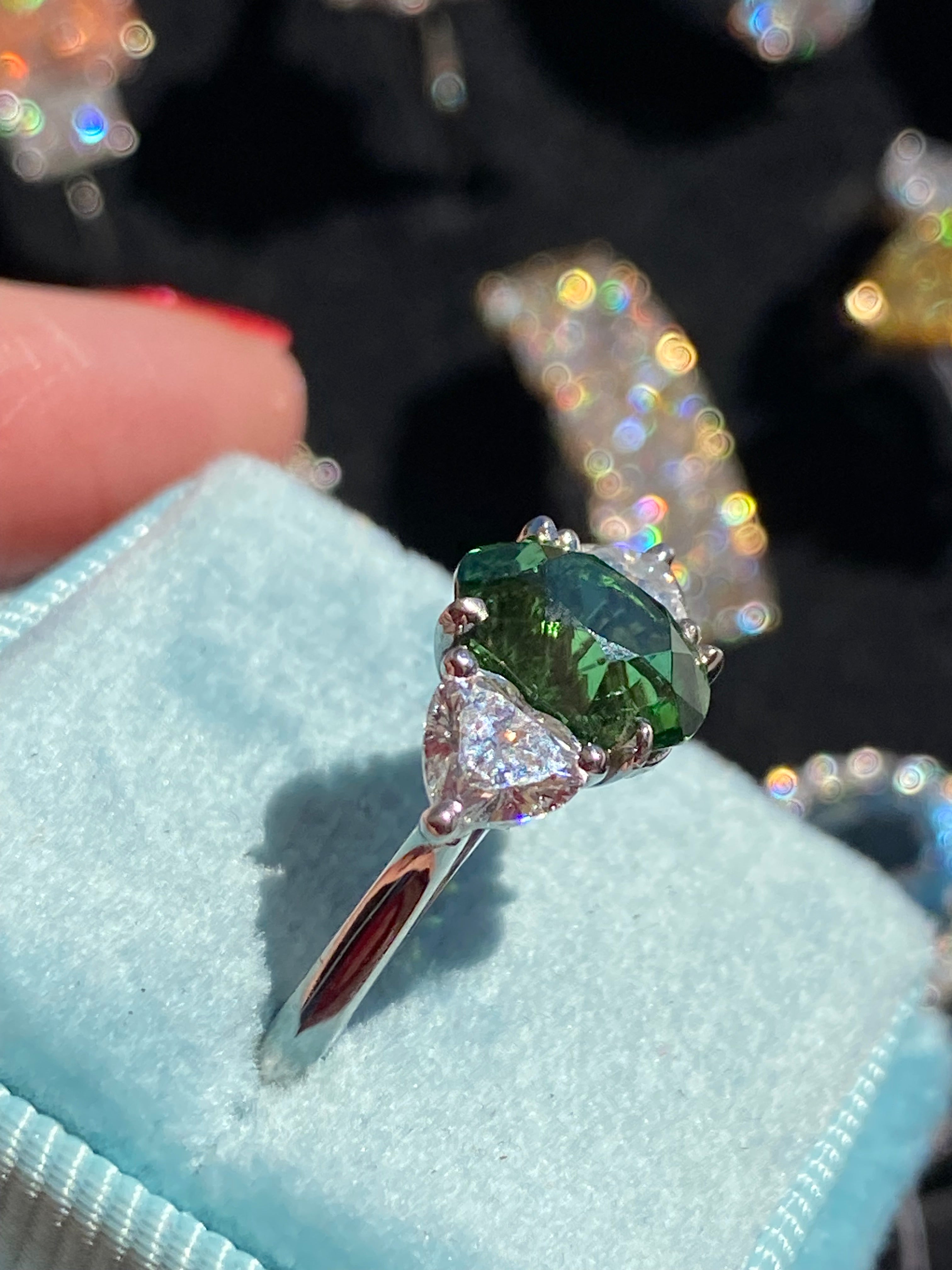 2.49 Carat Tsavorite Garnet and 0.83 Carat Diamond Three Stone Engagement Ring in Platinum