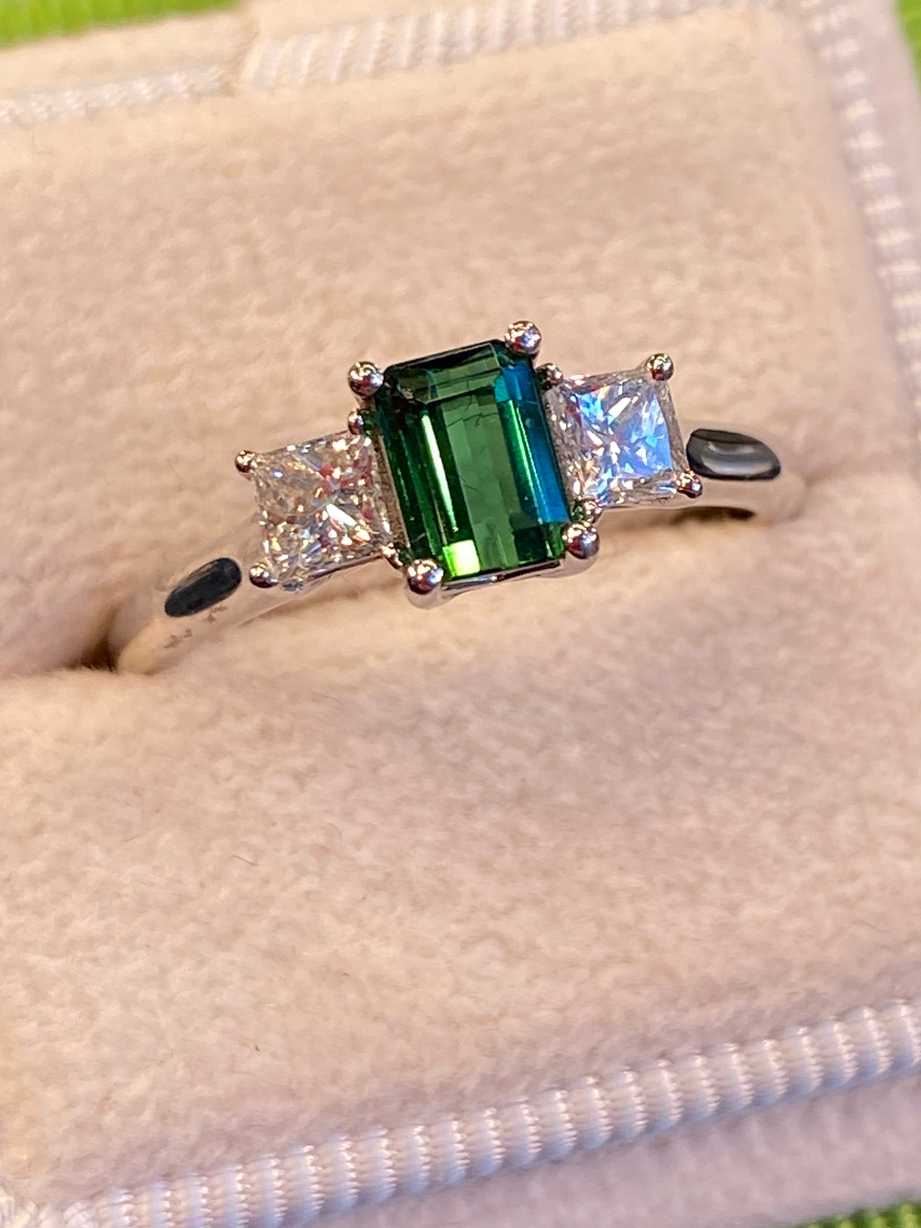 Beautiful Green Tourmaline and Natural Diamond Three Stone Ring in Platinum