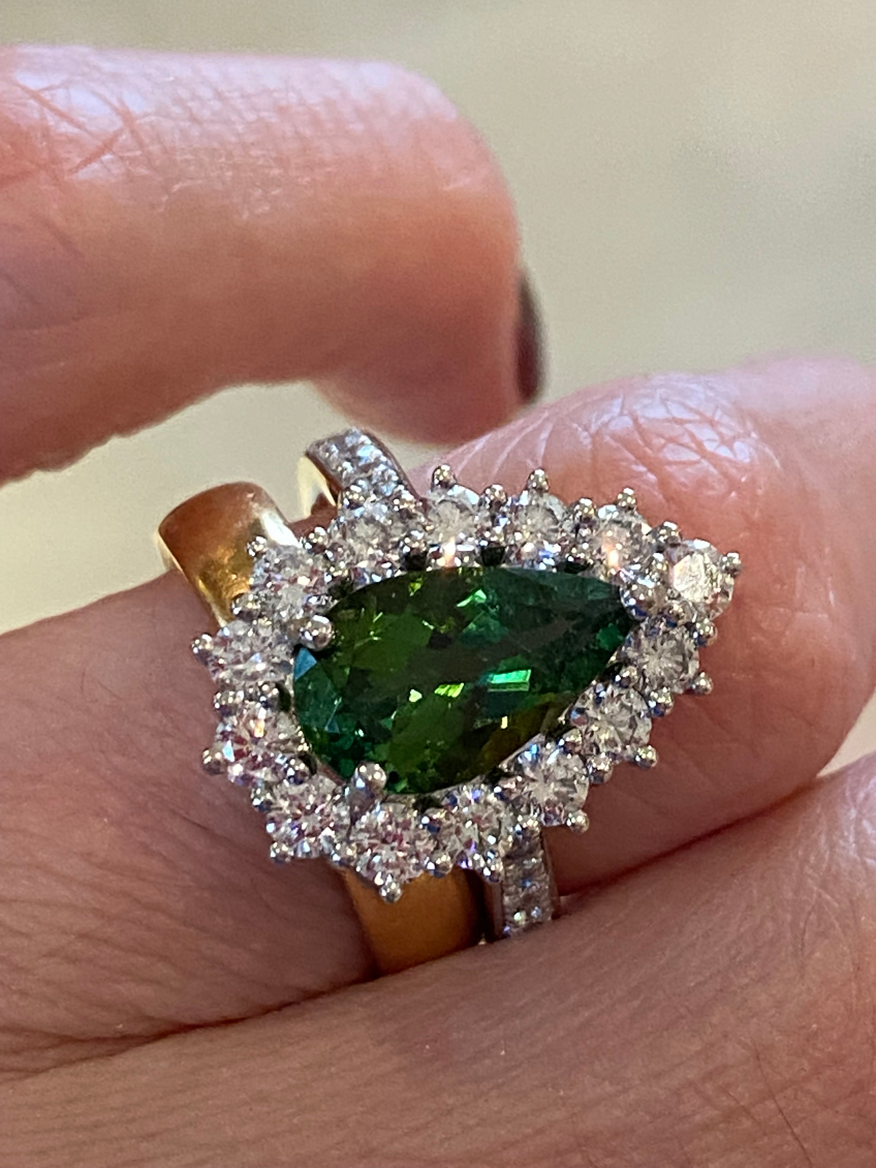 3.97 CTW Pear Cut Green Tourmaline and Natural Diamond Ring in Platinum