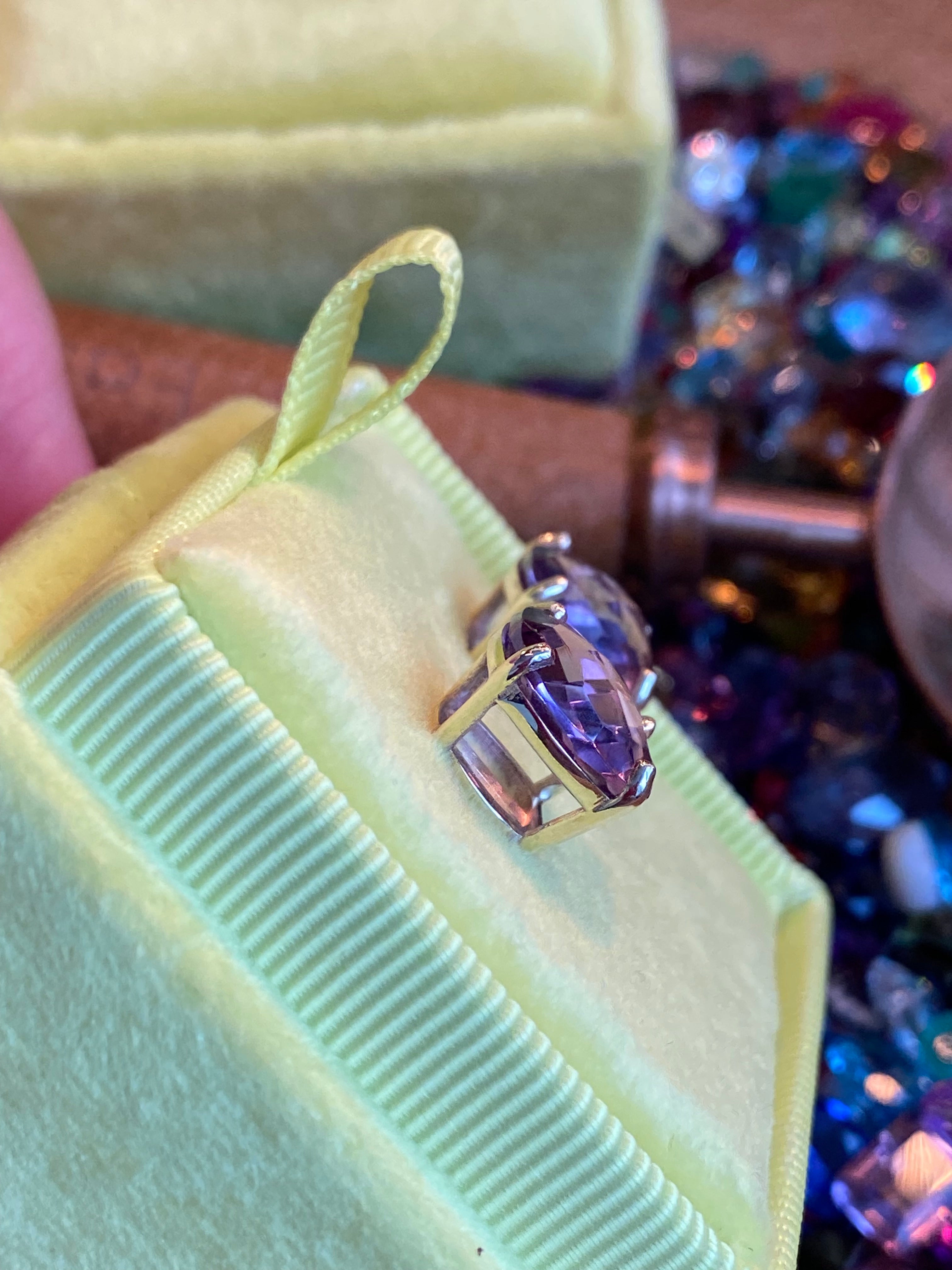 Cushion Chequerboard Cut Rose De France Amethyst Stud Earrings in 9ct Yellow Gold