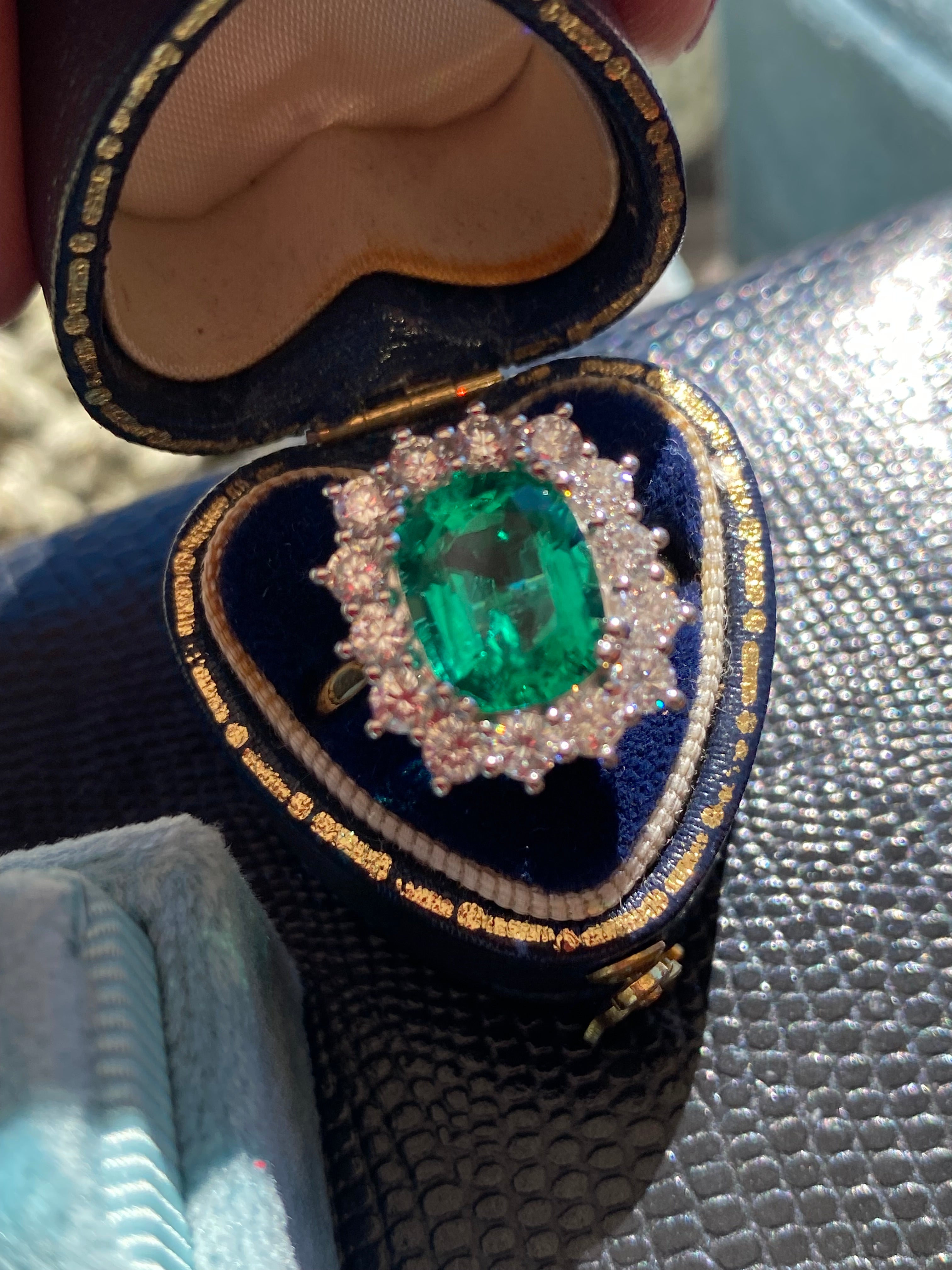 2.58 Carat Cushion Cut GIA Zambian Emerald and 1.07 CTW Natural Diamond Halo Ring in Platinum and 18ct Yellow Gold